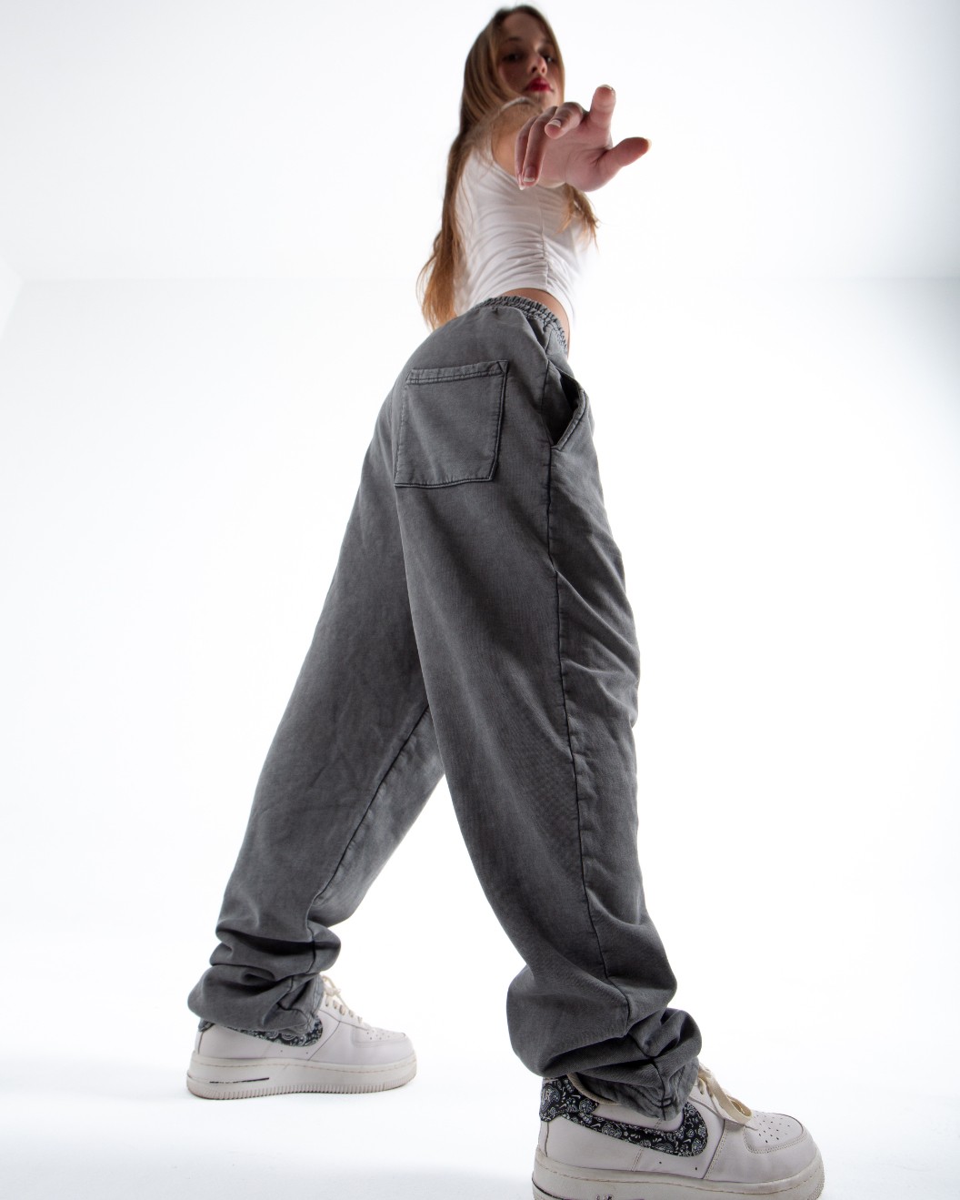 Kadın Antrasit Acid Wash Oversize Eşofman Altı
