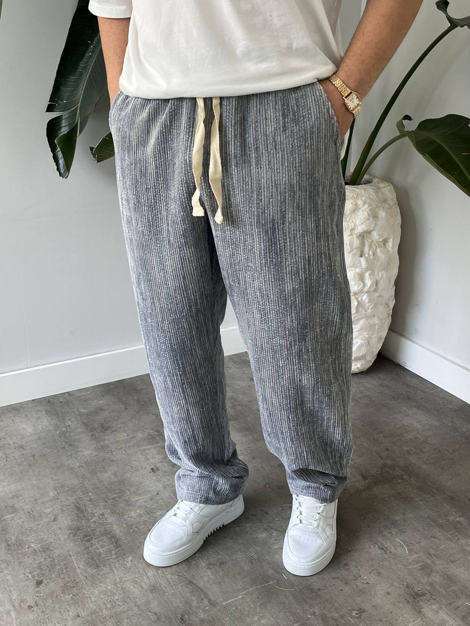 Erkek Gri Kadife Baggy Pantolon