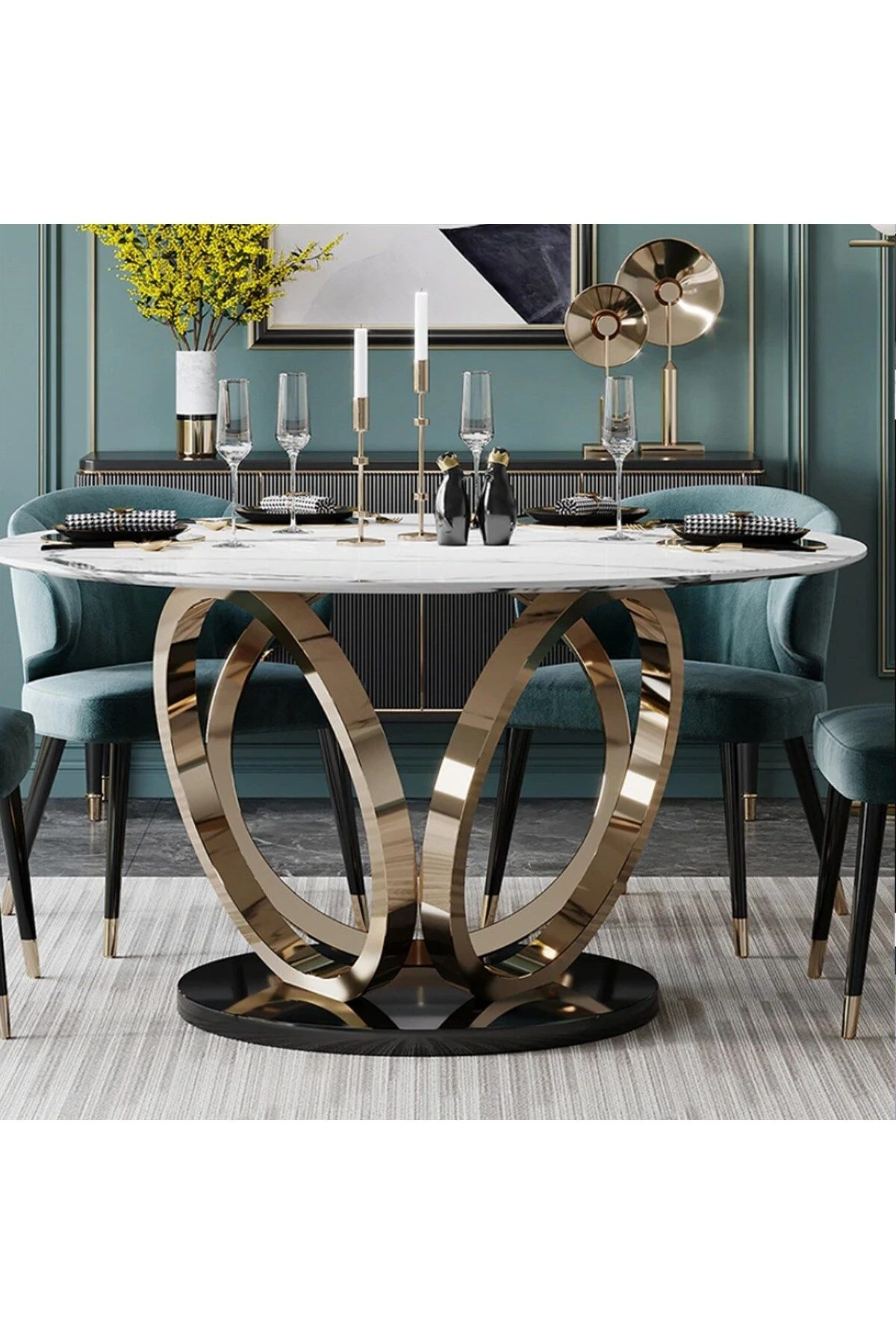 Metal Yuvarlak Gold Yemek Masası
