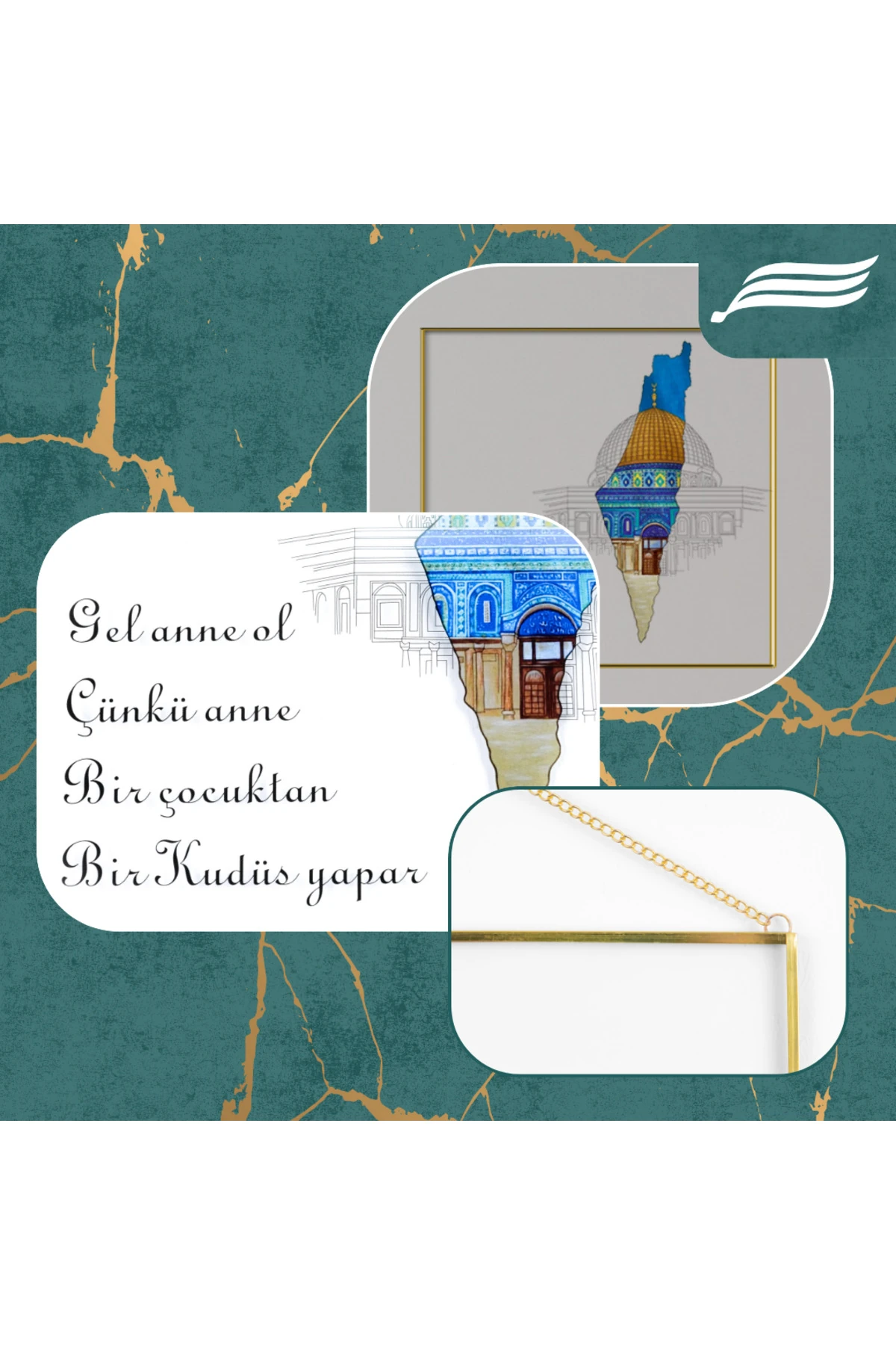 Gel Anne ol , Pirinç Çerçeveli Zincir Askılı Cam Tablo Anne Kudüs Hediye tablosu