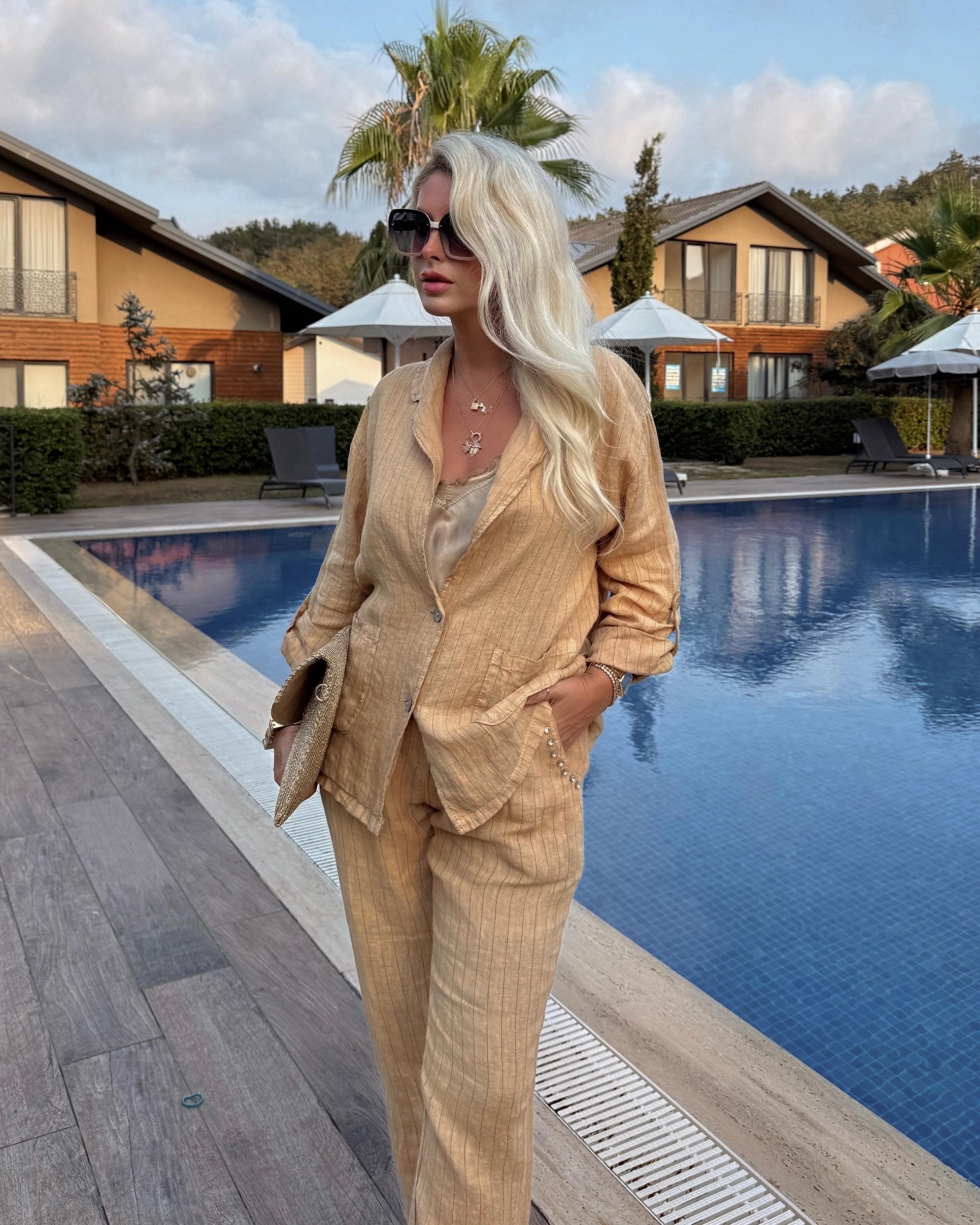 CAMEL  TAŞ DETAYLI KETEN PANTOLON CEKET TAKIM