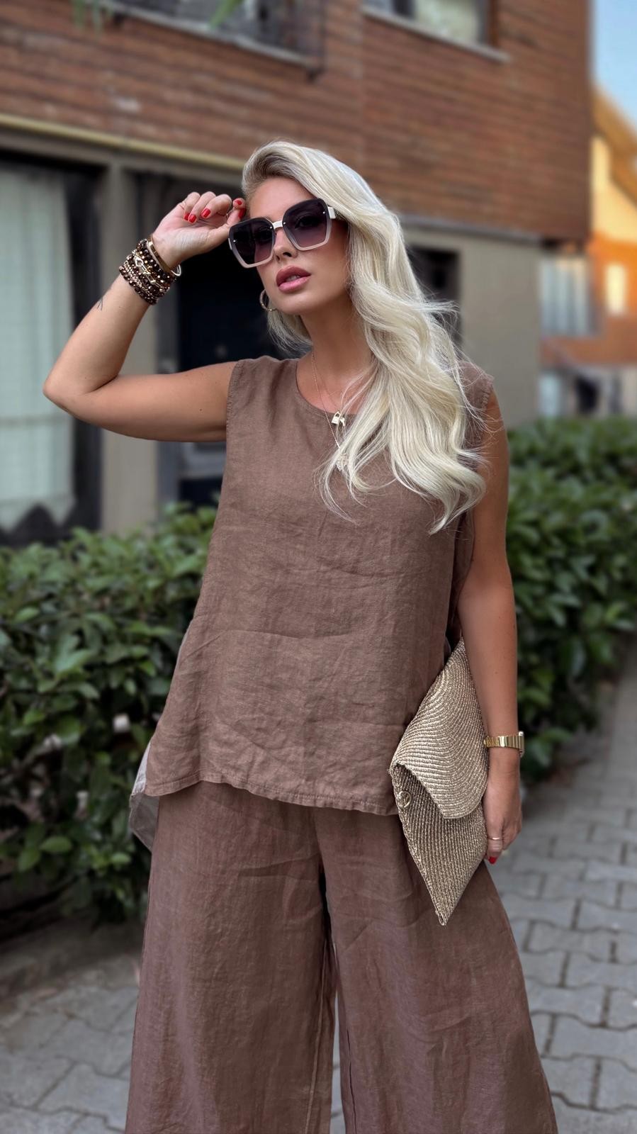 İTALYAN KETEN BLUZ- PANTOLON KAHVE   İKİLİ TAKIM