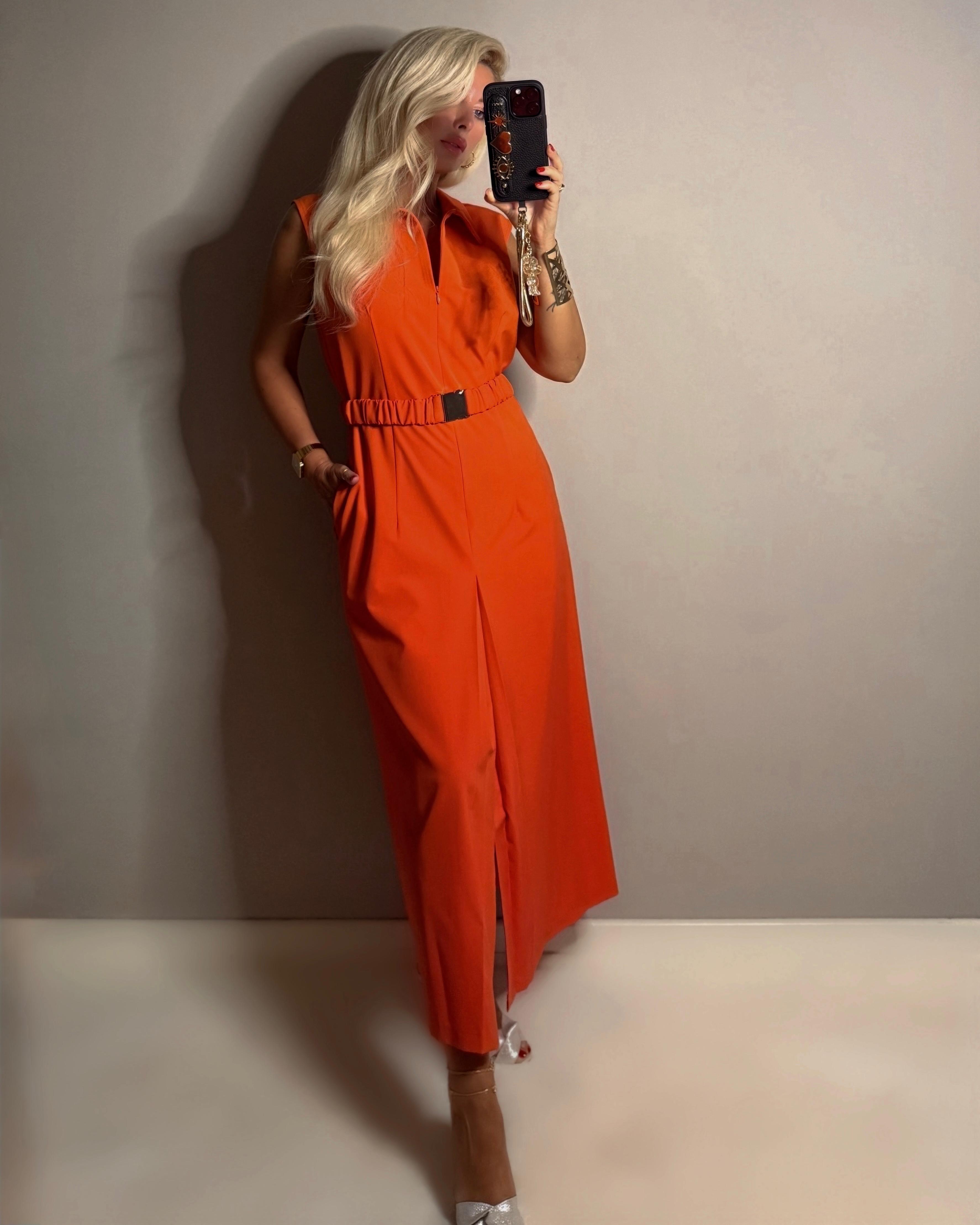 NATUREL KUMAŞ ORANGE ŞIK UZUN ELBİSE