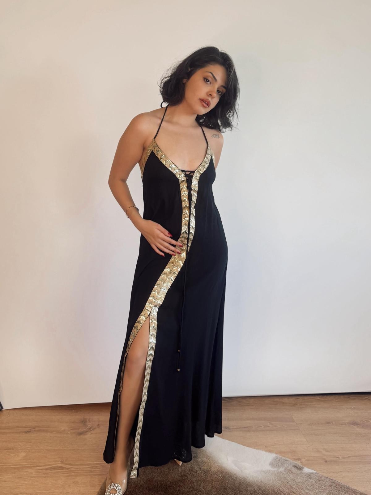 LONG DRESS WITH GOLD FRONT DETAILED STRAPS