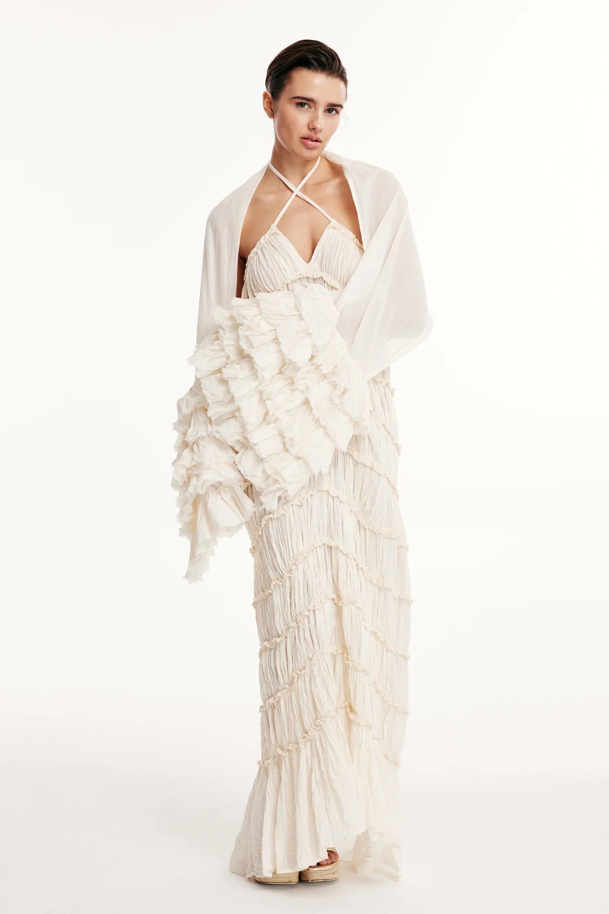 SHIRRED LONG BOHEMIAN DRESS WITH NECK TIE