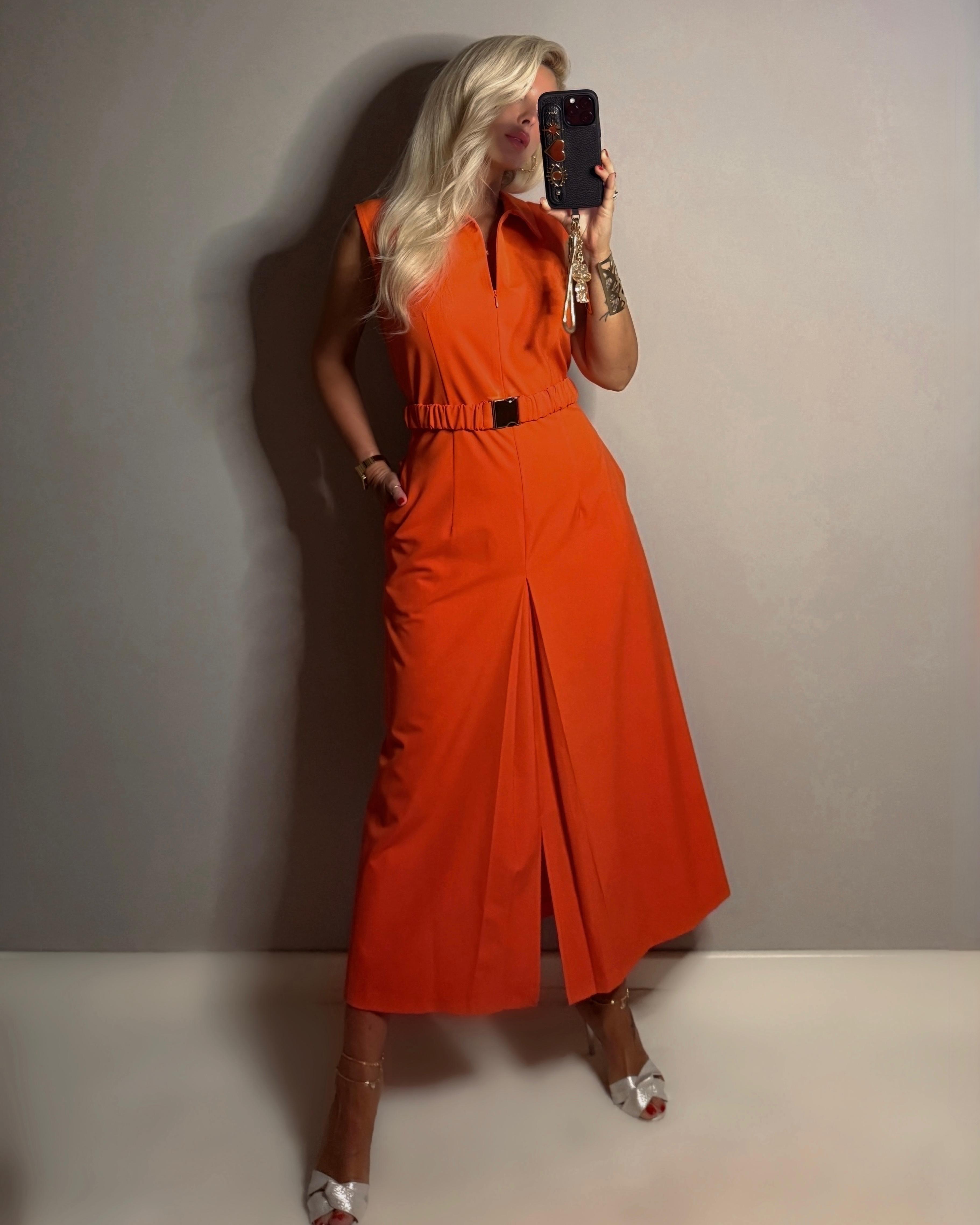 NATUREL KUMAŞ ORANGE ŞIK UZUN ELBİSE