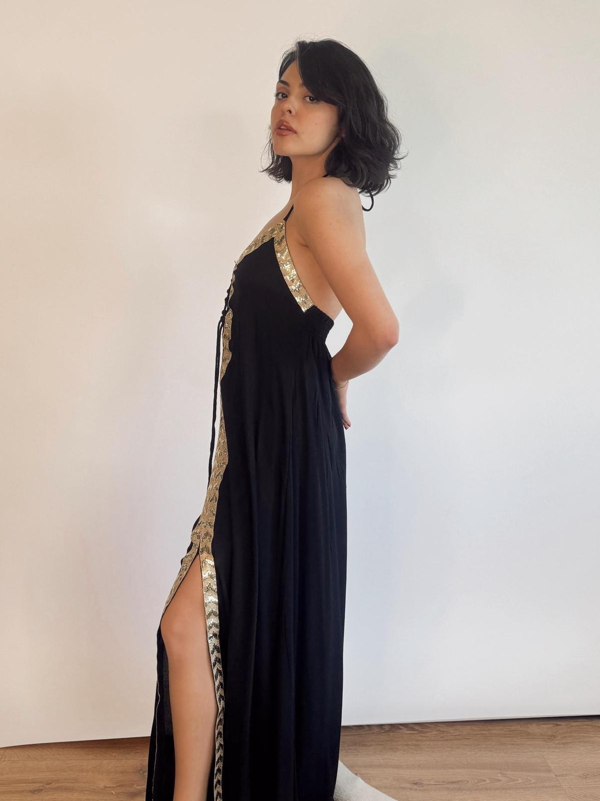 LONG DRESS WITH GOLD FRONT DETAILED STRAPS