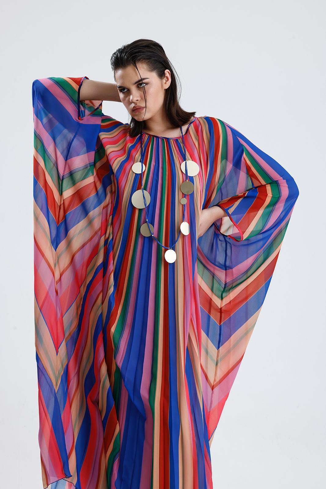 ASTARLI RENKLİ ŞİFON KAFTAN ELBİSE