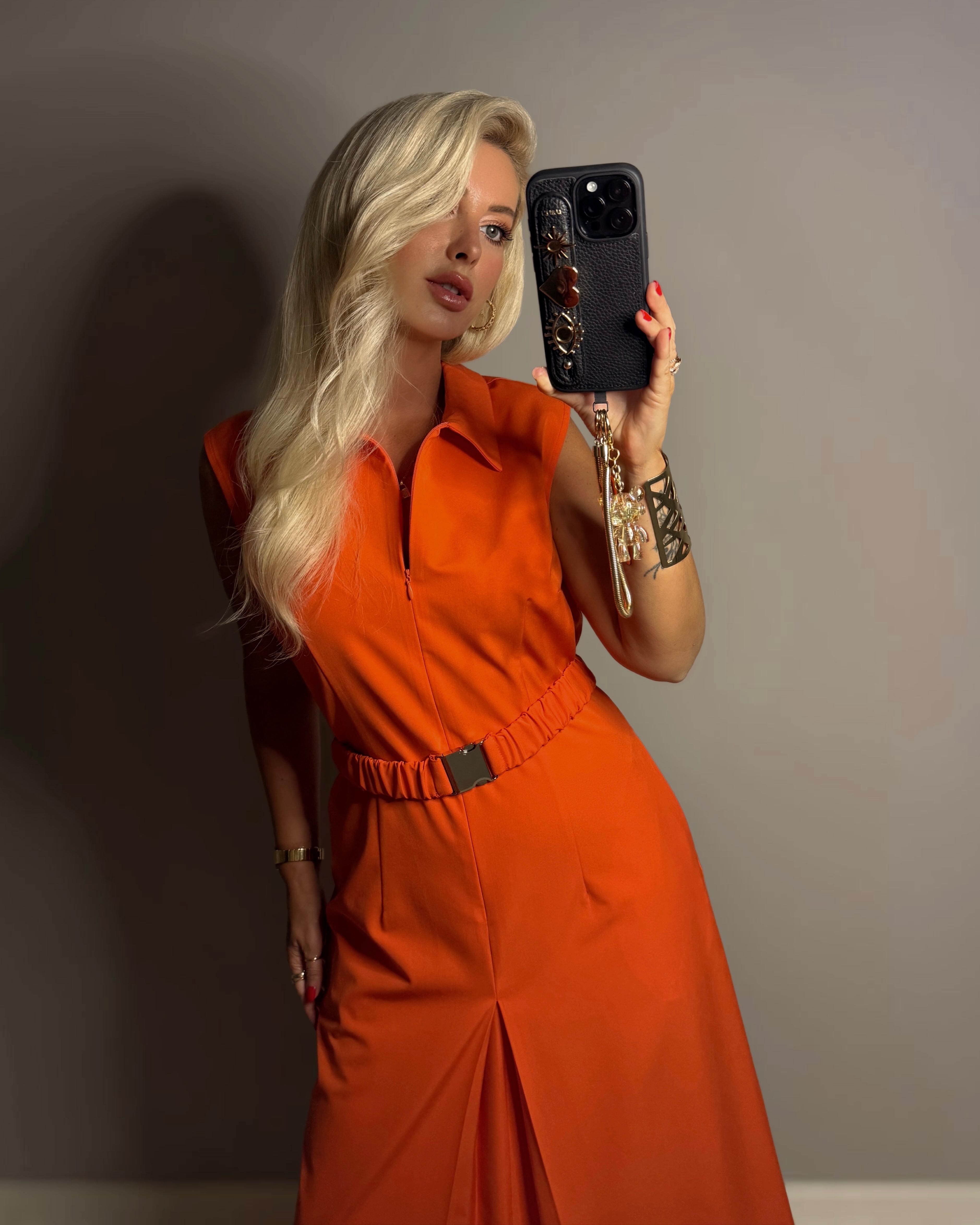 NATUREL KUMAŞ ORANGE ŞIK UZUN ELBİSE