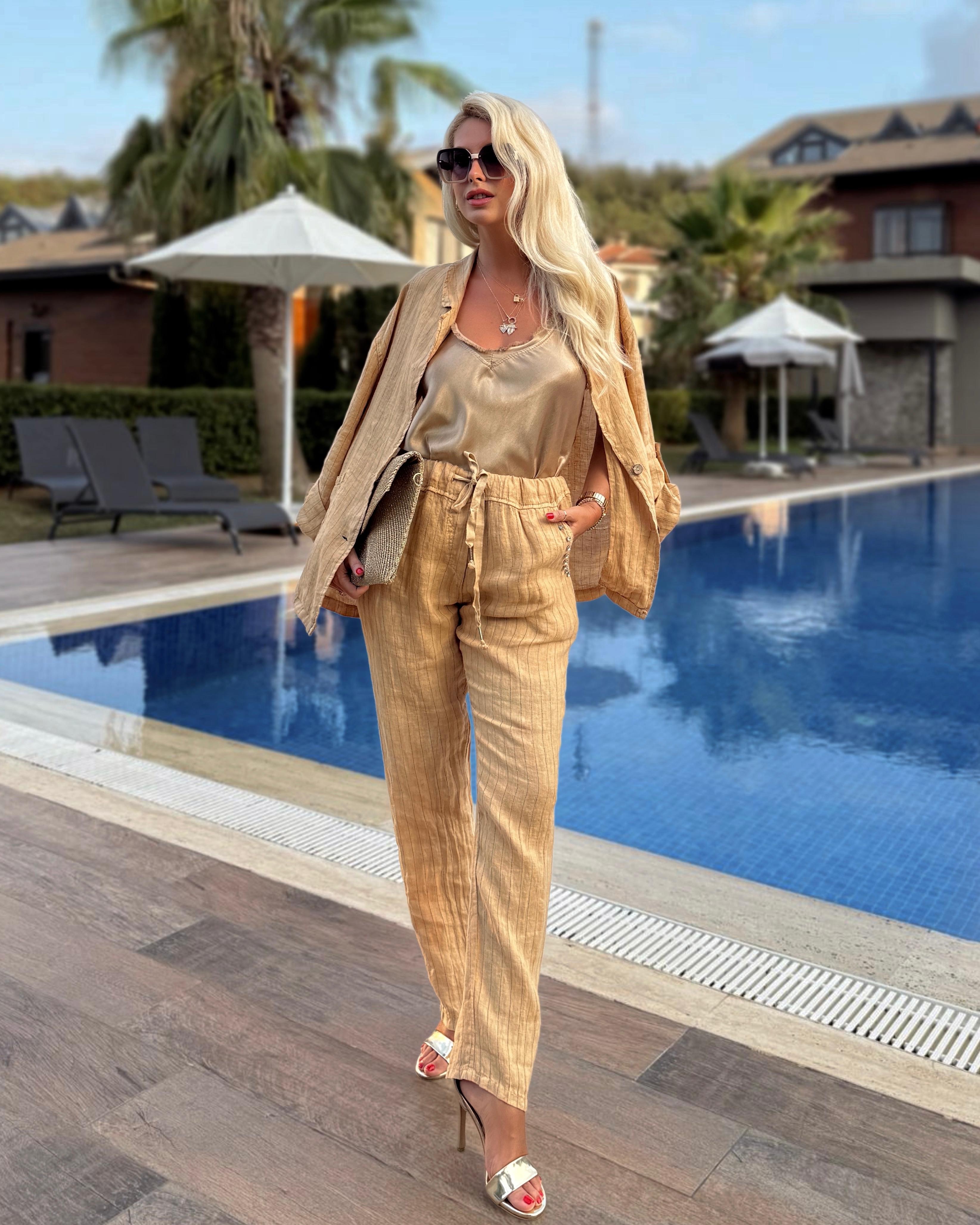 CAMEL  TAŞ DETAYLI KETEN PANTOLON CEKET TAKIM