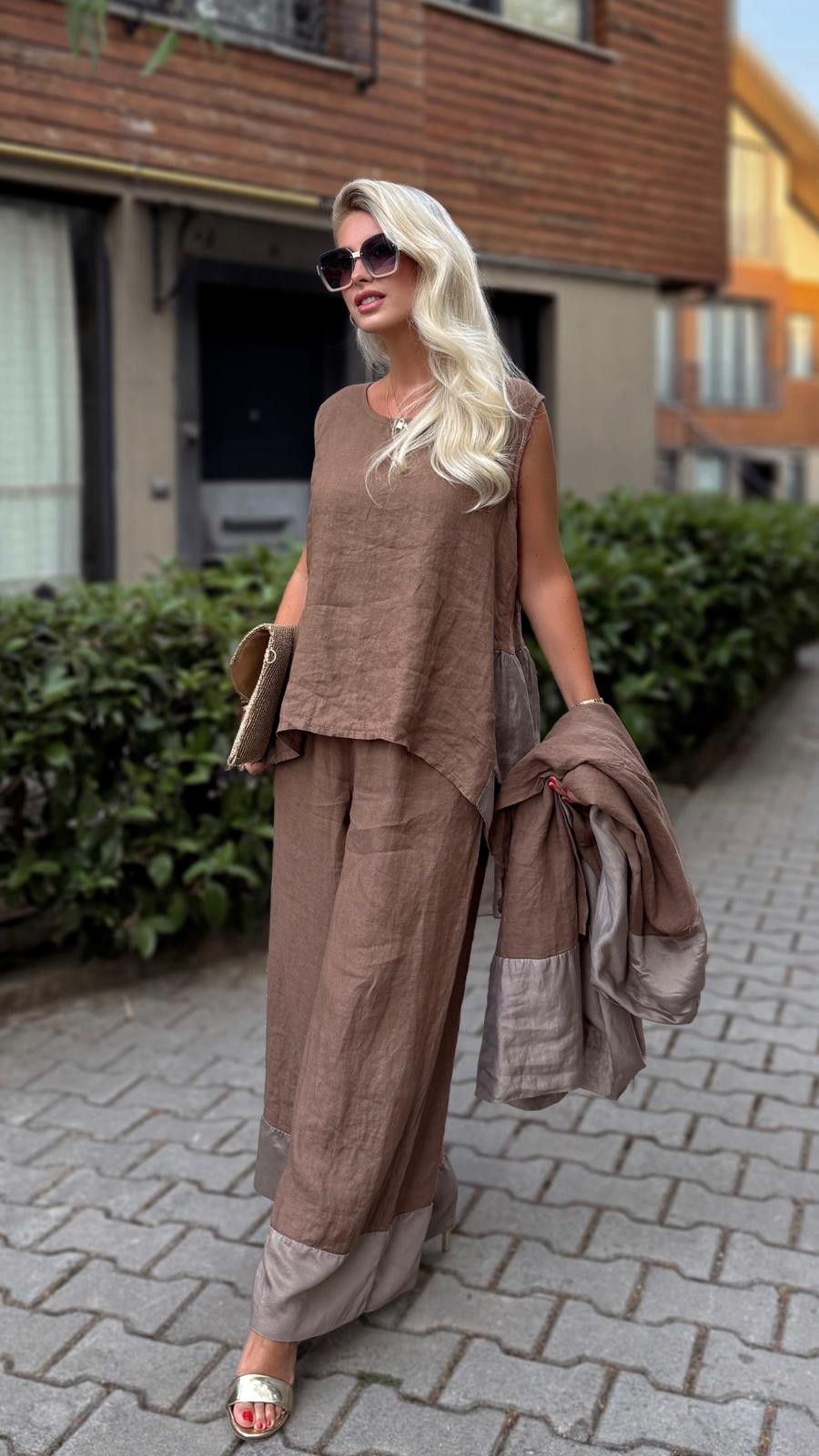 İTALYAN KETEN BLUZ- PANTOLON KAHVE   İKİLİ TAKIM