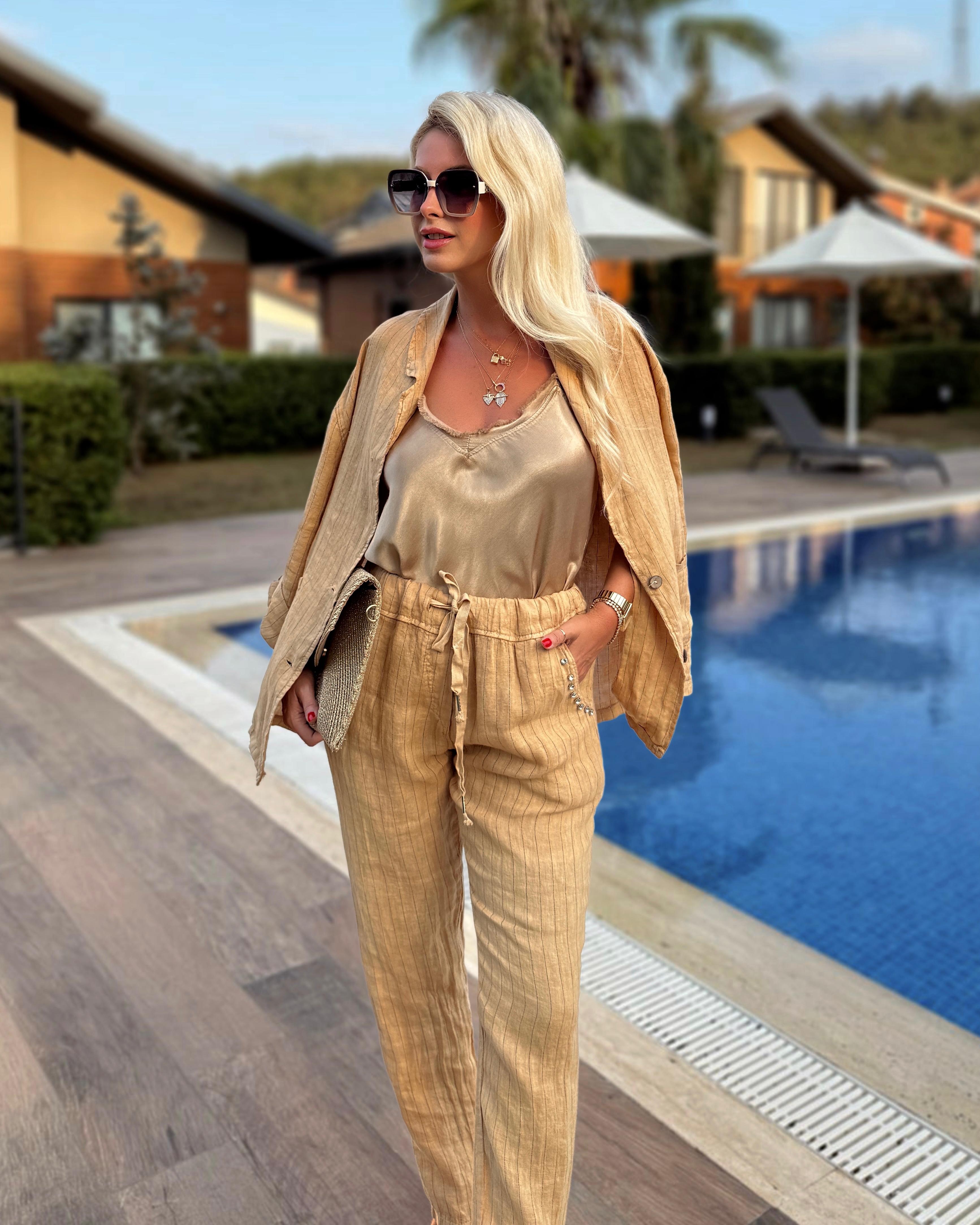 CAMEL  TAŞ DETAYLI KETEN PANTOLON CEKET TAKIM