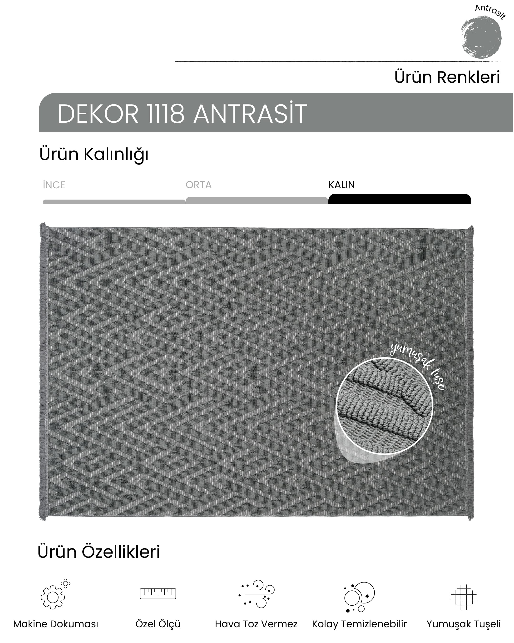 AYTEO HALI DEKOR 1118 ANTRASİT GEOMETRİK DESEN İSKANDİNAV HALI