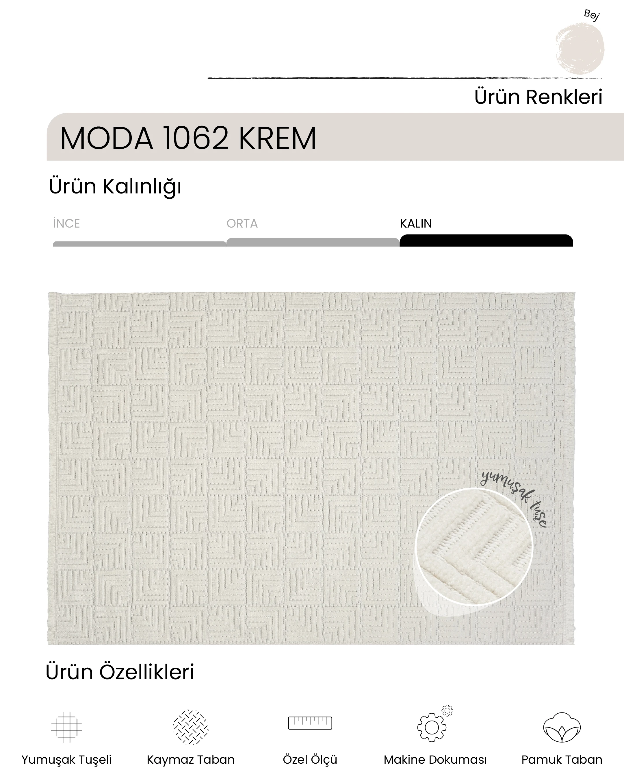 Ayteo Halı Moda 1062 Krem Sade ve Zarif İskandinav Halı