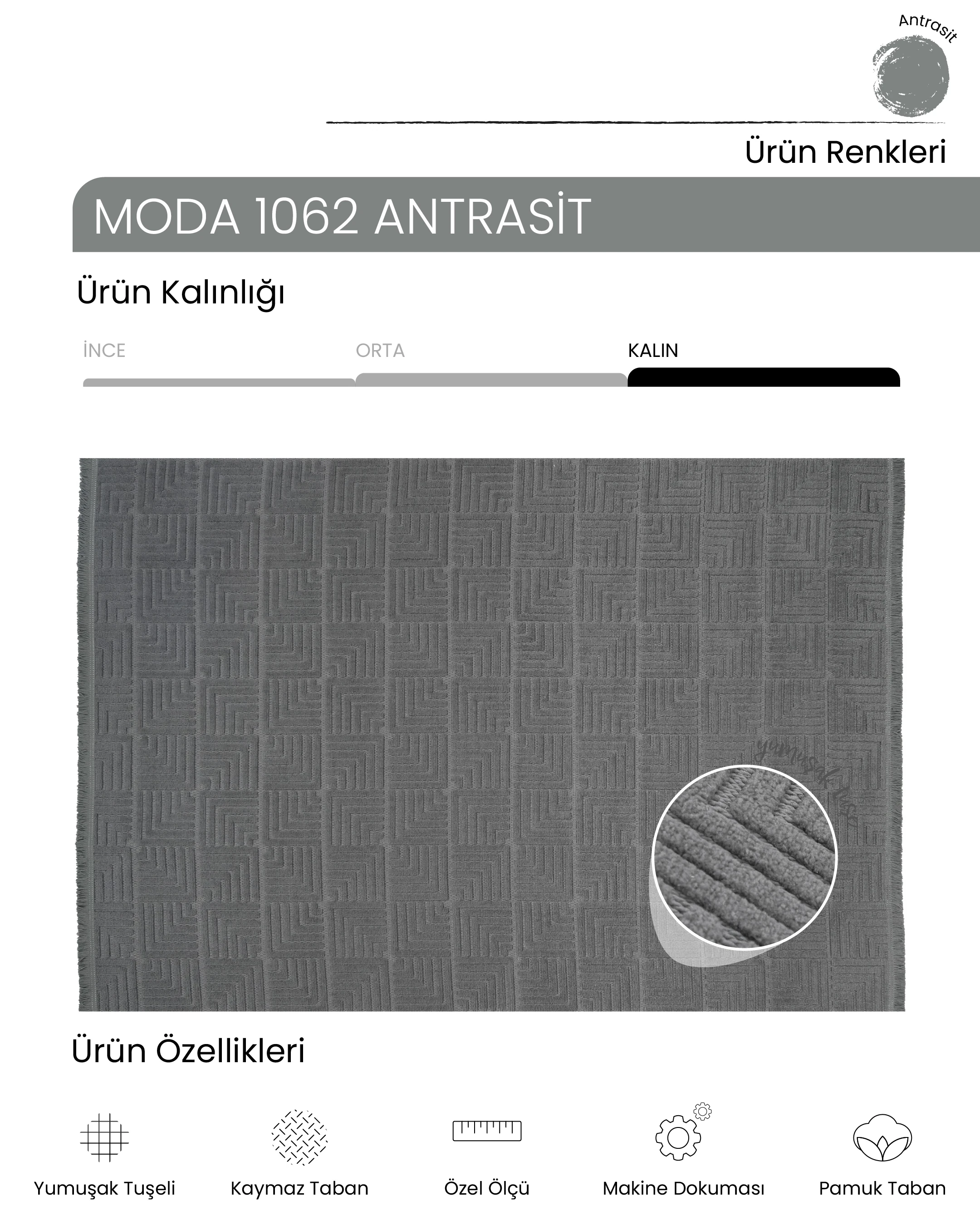 Ayteo Halı Moda 1062 Antrasit Sade ve Zarif İskandinav Halı