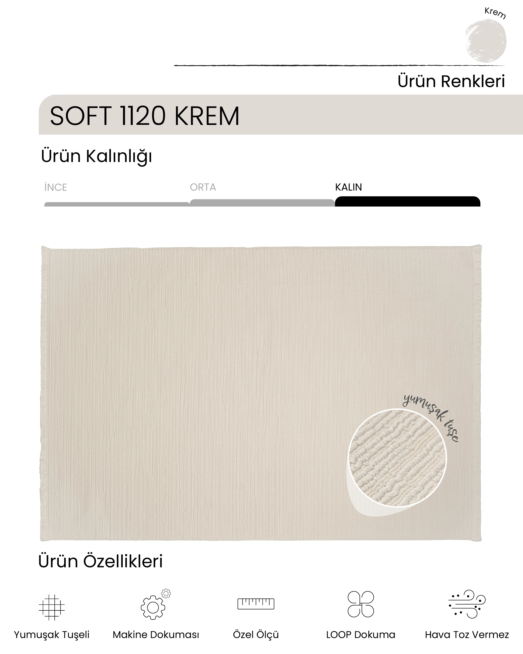 Ayteo Halı Soft 1120 Krem Yumuşak Tuşeli Bukle Halı