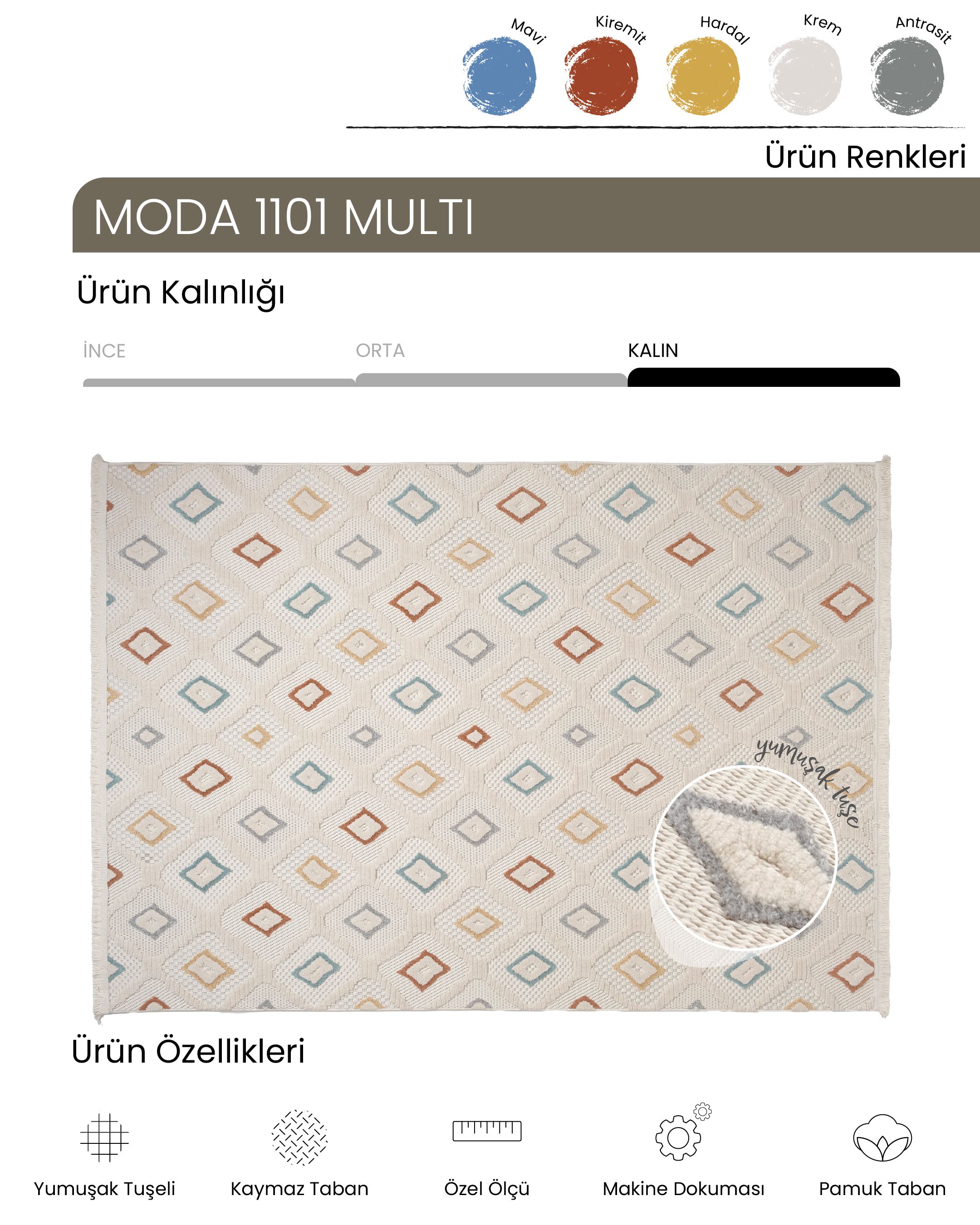 AYTEO HALI MODA 1101 MULTİ YUMUŞAK TUŞELİ HALI