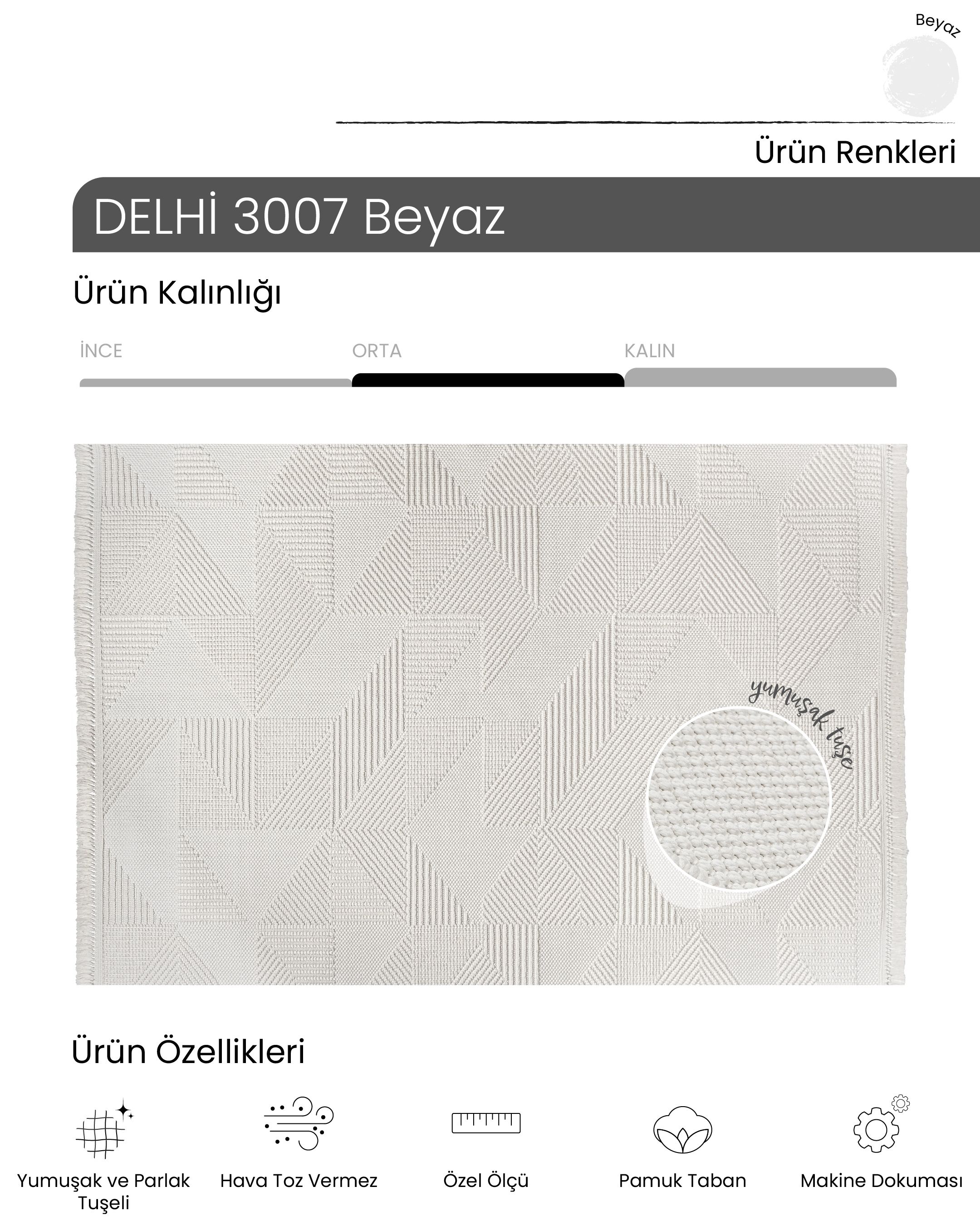 AYTEO HALI DELHİ 3007 BEYAZ YUMUŞAK VE PARLAK TUŞELİ MODERN KESME HALI