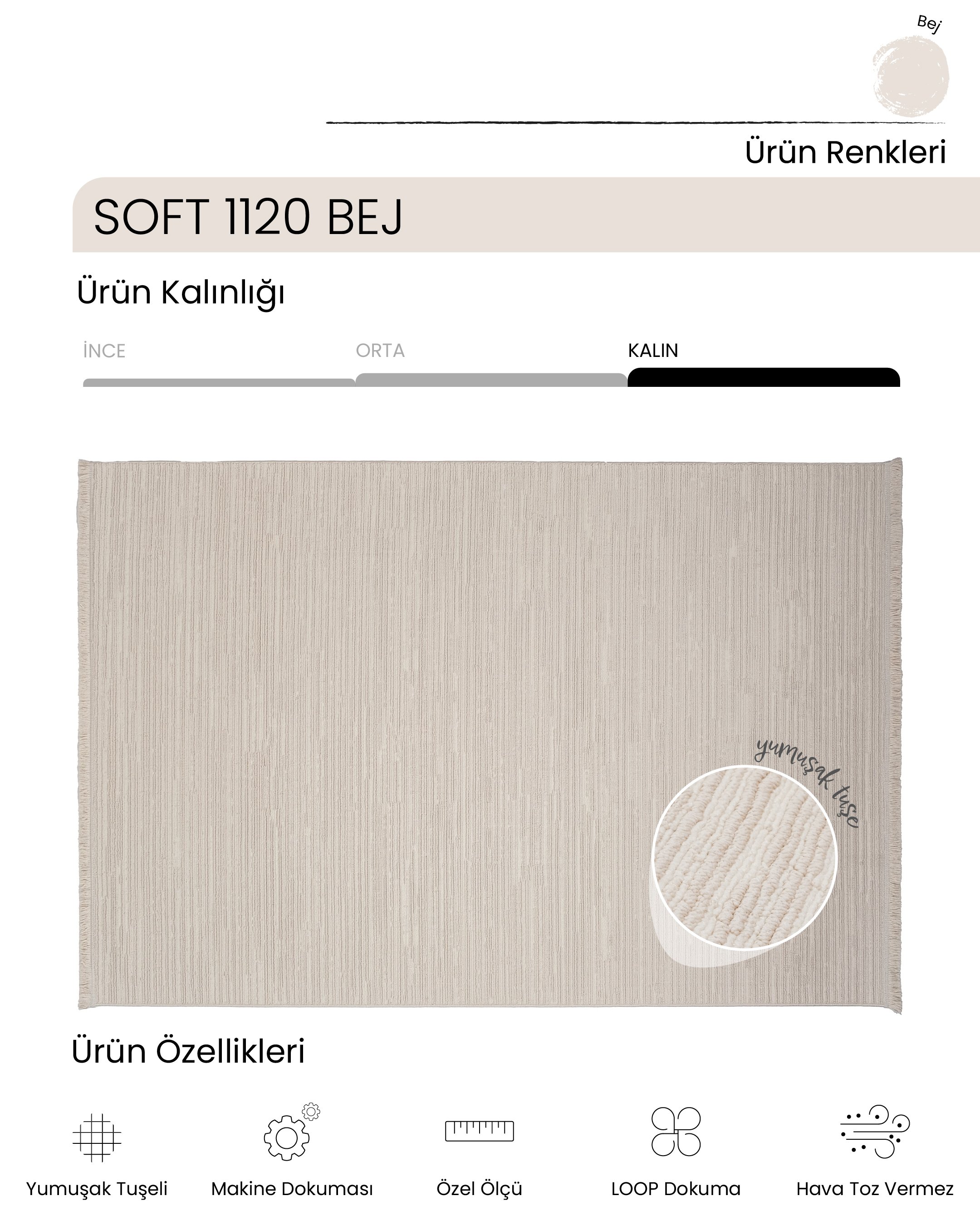 AYTEO HALI SOFT 1120 BEJ YUMUŞAK TUŞELİ BUKLE HALI