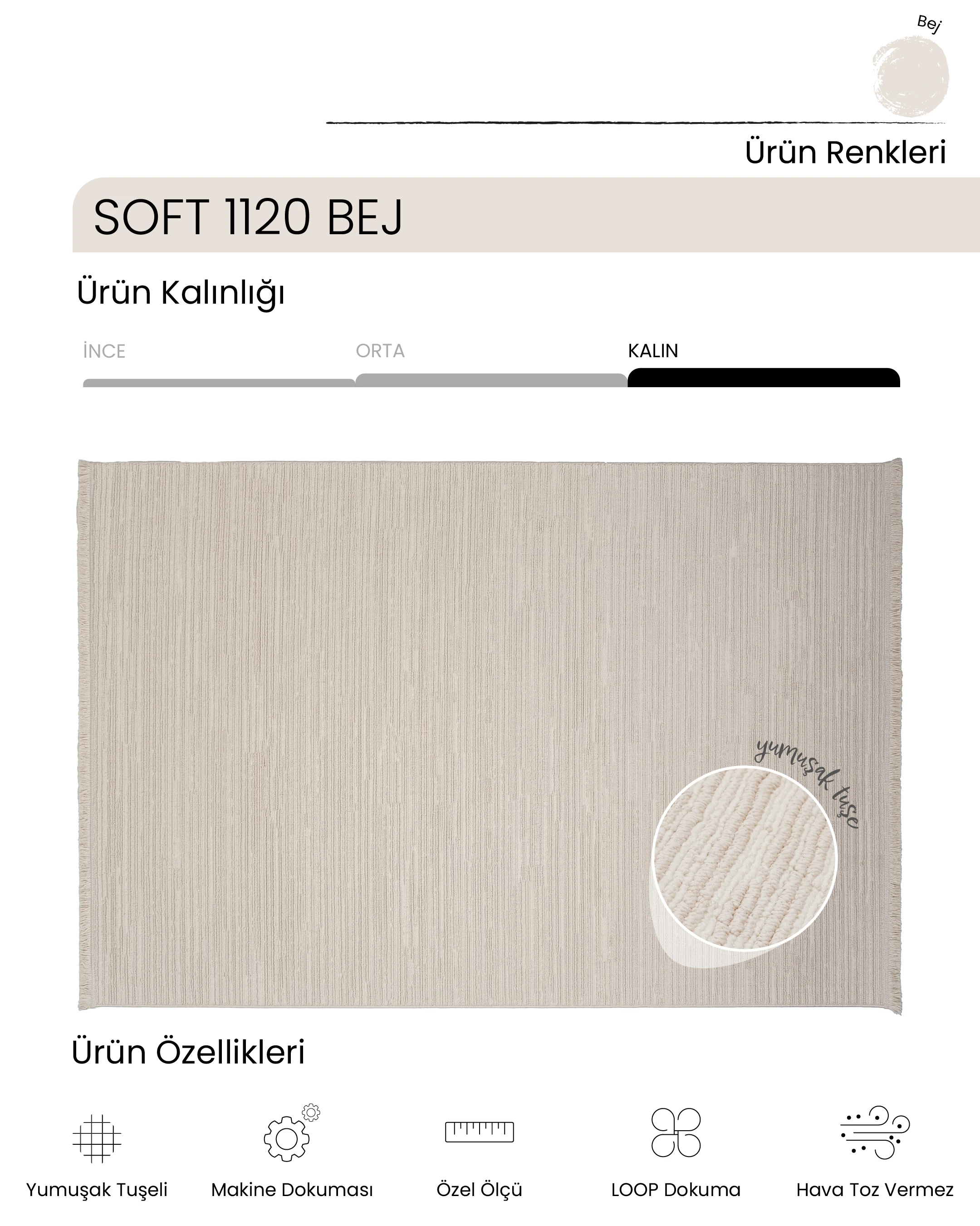 Ayteo Halı Soft 1120 Bej Yumuşak Tuşeli Bukle Halı