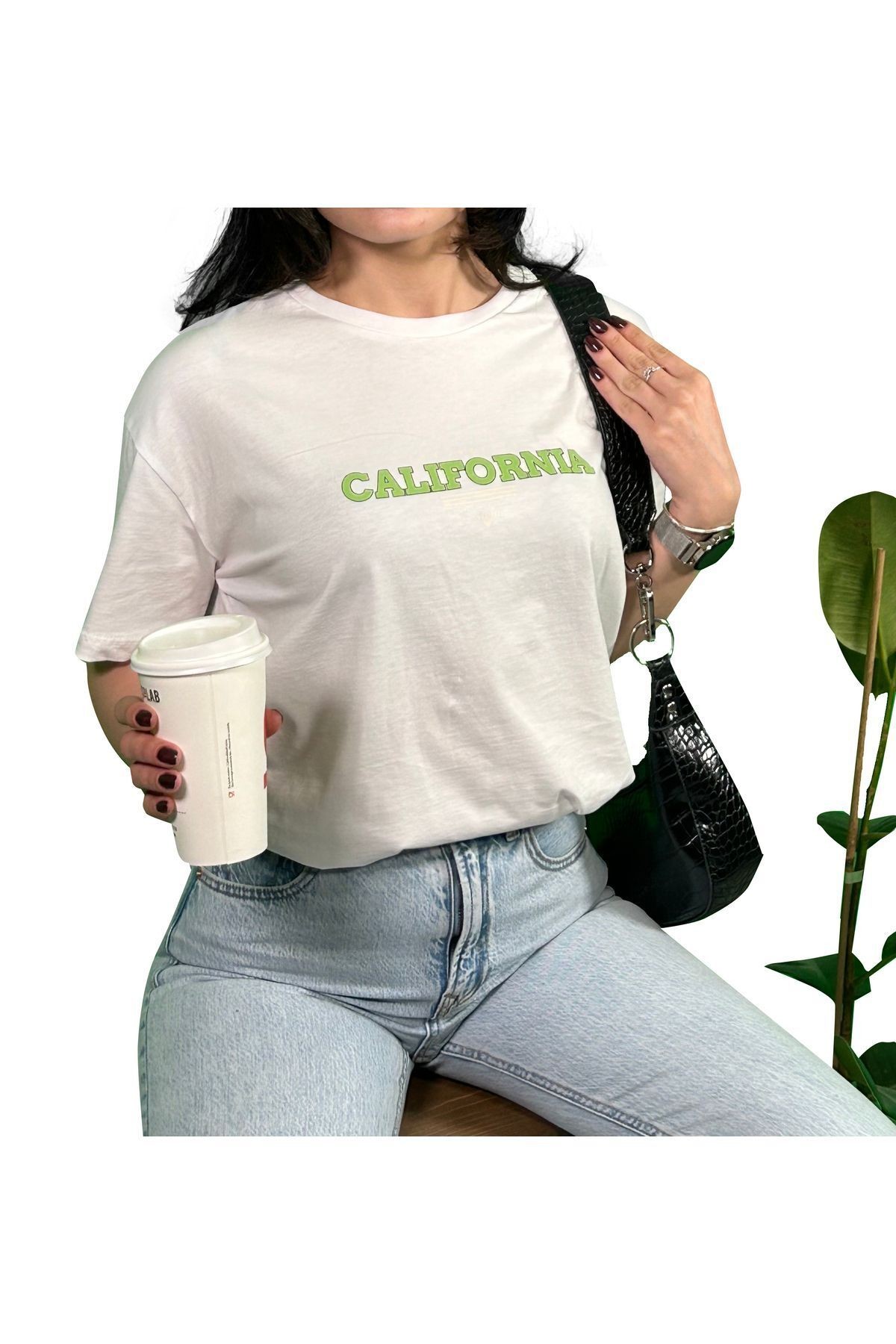 California Baskılı Unisex Oversize T-Shirt - beyaz