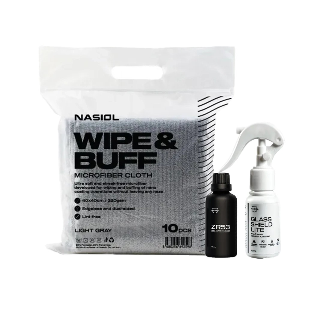 Nasiol ZR53 50ml 10H Nano Seramik Kaplama-Lite 50ml Yağmur Kaydırıcı-Mikro Fiber Bez 3'lü Dış Bakım Seti