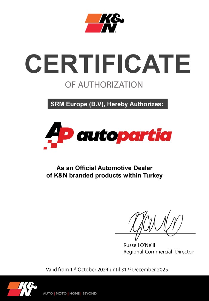 K&N Türkiye Distribütörü Sertifikası
