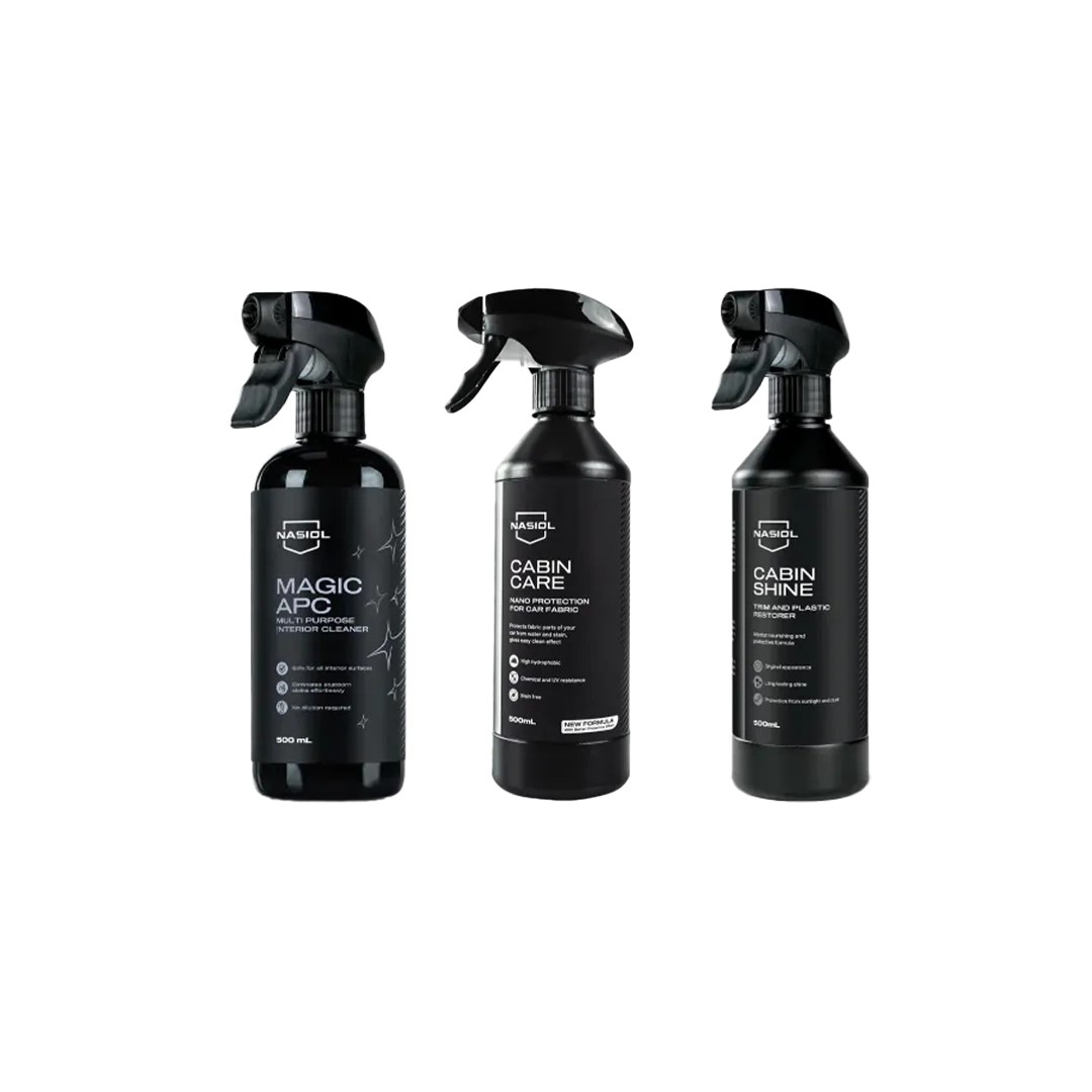 Nasiol Cabinshine 500ml Trim-Plastic Shine-Cabincare 500ml Fabric Nano Coating and Magic APC 500ml Interior Cleaner 3-Piece Care Set