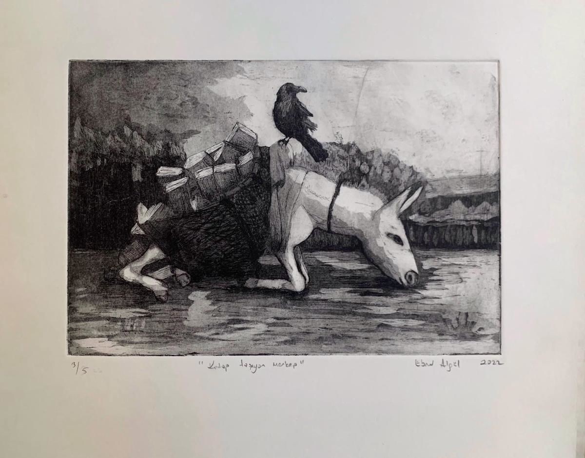 'Kitap Taşıyan Merkep'' Gravür(Baskı) Resim (çinko plaka üzerine Aquatinta tekniği) 20x30 cm