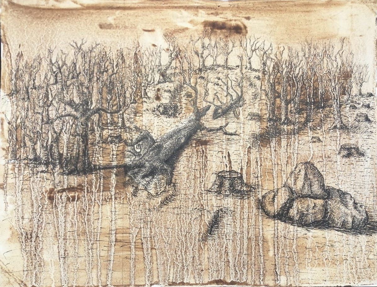 'İsimsiz'' Kağıt Üzeri Yağlı Boya ve Rapido Kalem Resim 35.5x23.5 cm