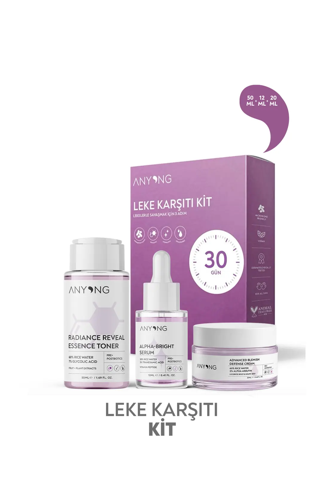 30 Günlük Leke Karşıtı ve Aydınlatıcı Bakım Kiti (Tonik, Serum, Krem) / Pirinç Suyu Ve Arbutin
