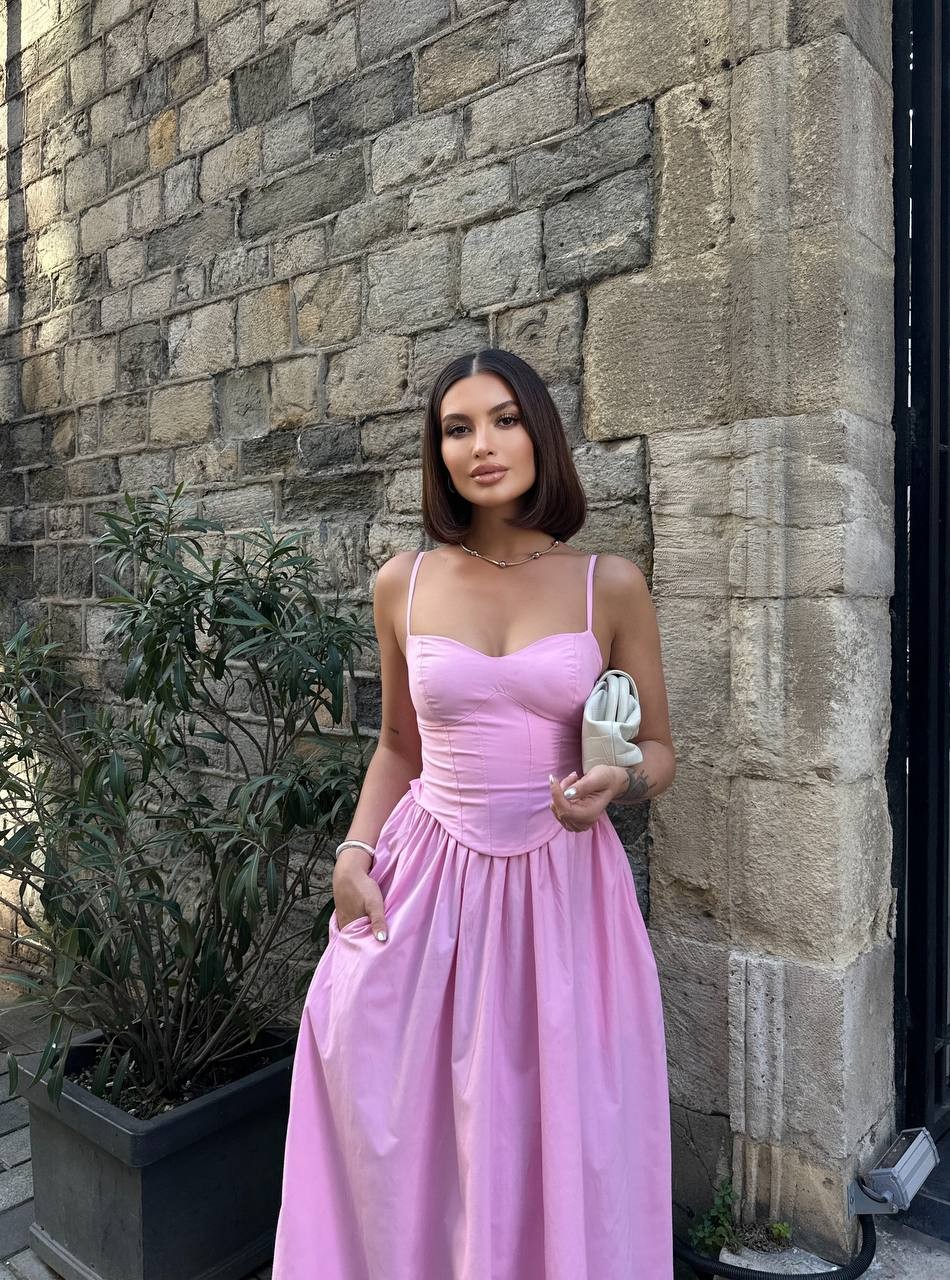 Linor Gipe Detay Midi Boy Elbise - Pembe