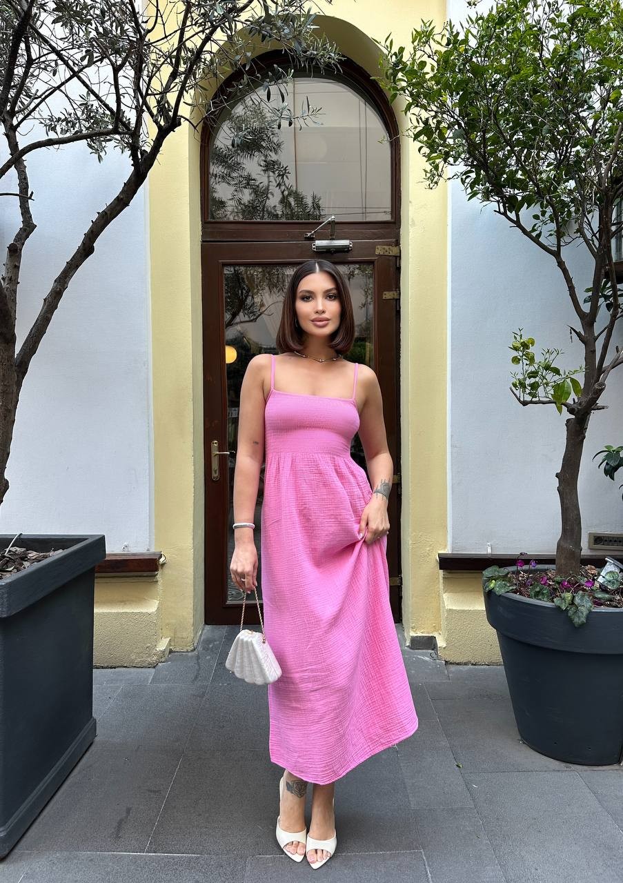Dina Askılı Keten Elbise - Pembe