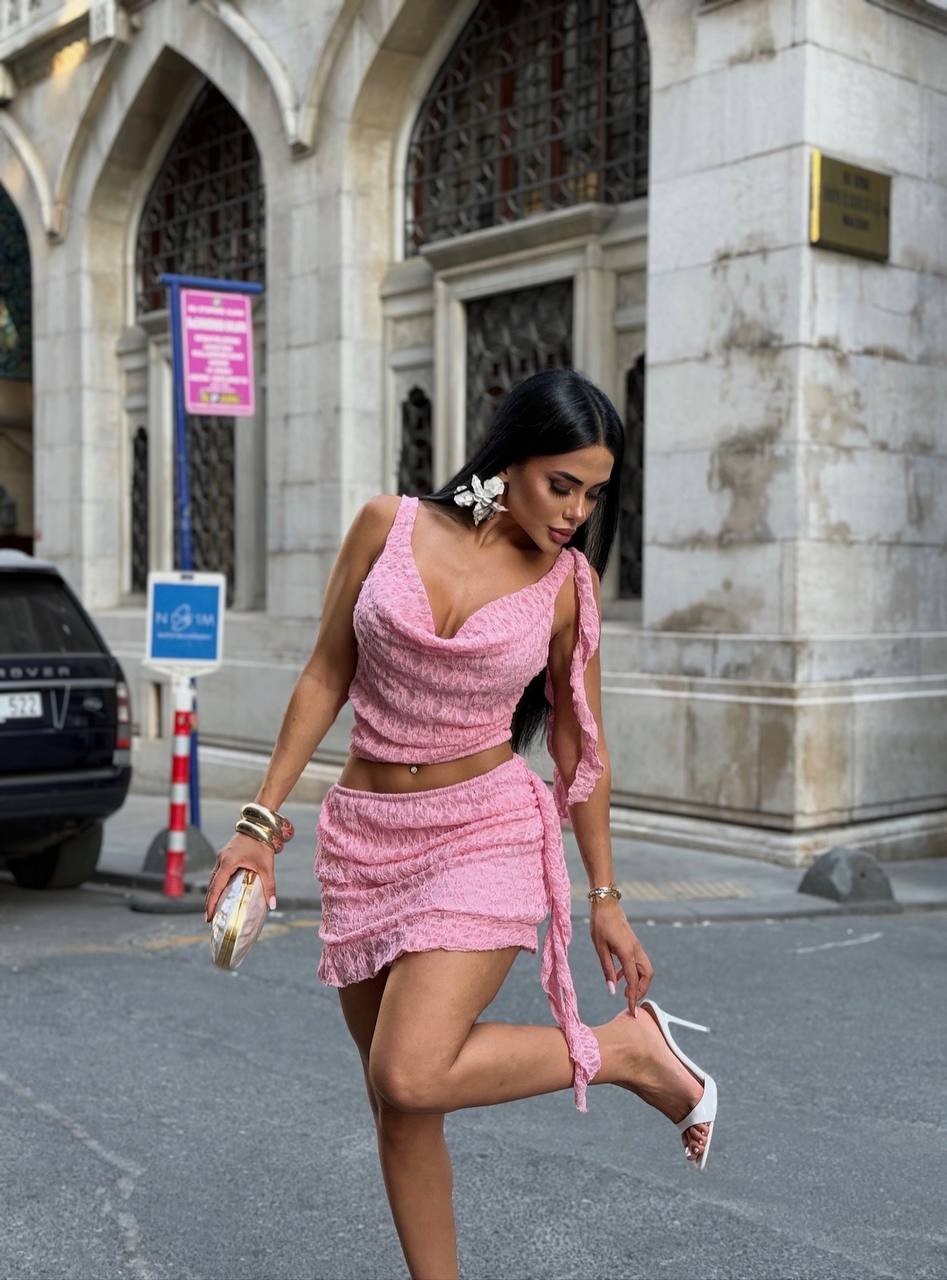 Degaje Yaka Dantel Detay Takım - Pembe