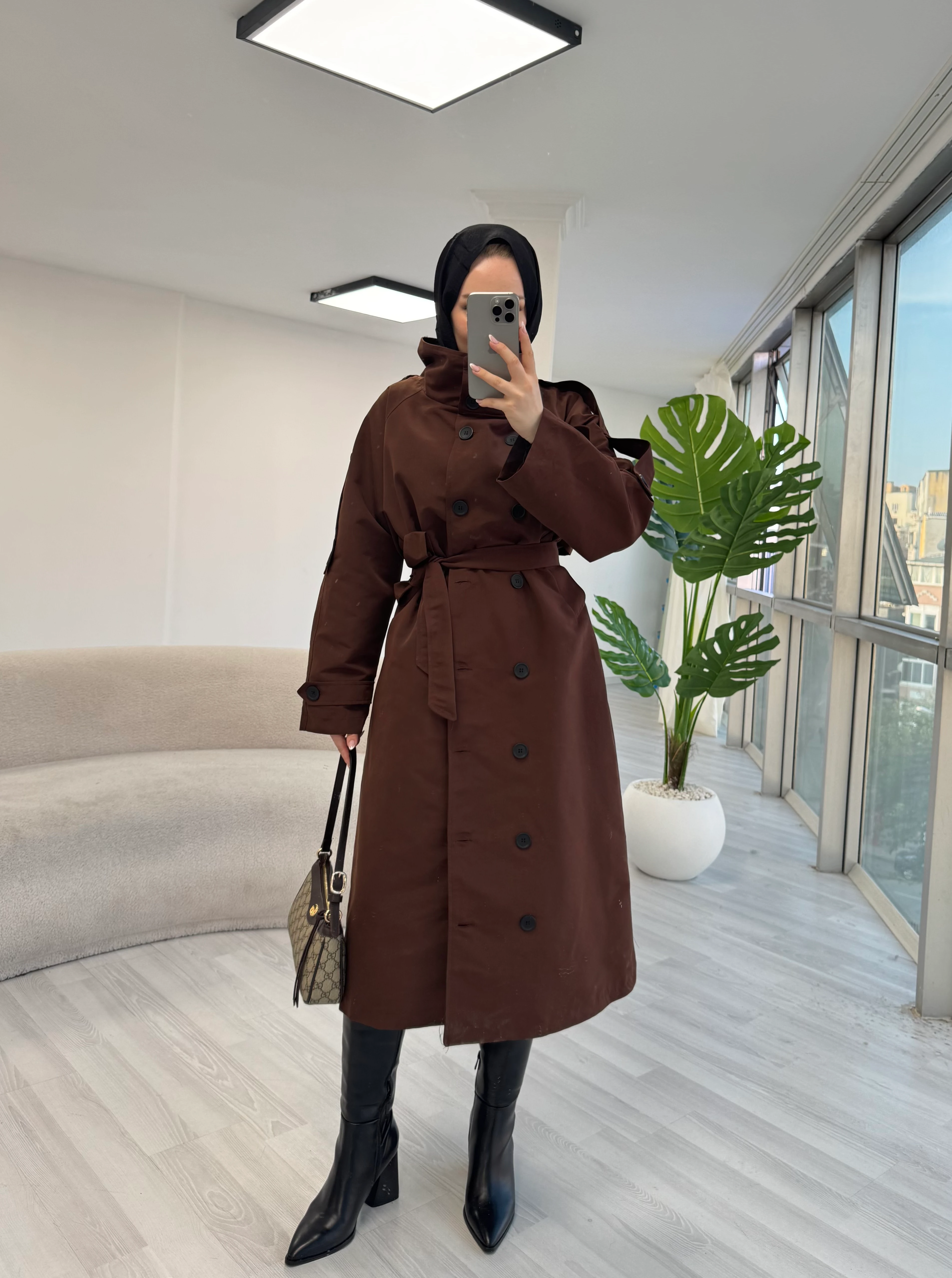 Kemer Detay Dik Yaka Tasarım Trençkot - Acı kahve