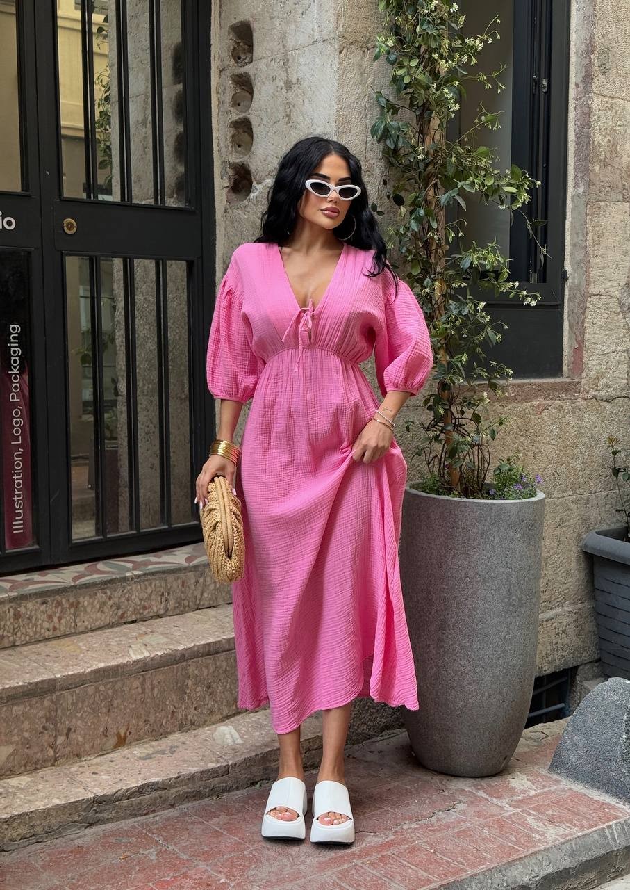 Zem Muslin Keten Midi Boy Elbise - Pembe