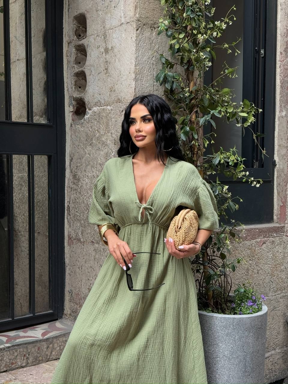 Zem Muslin Keten Midi Boy Elbise - Haki