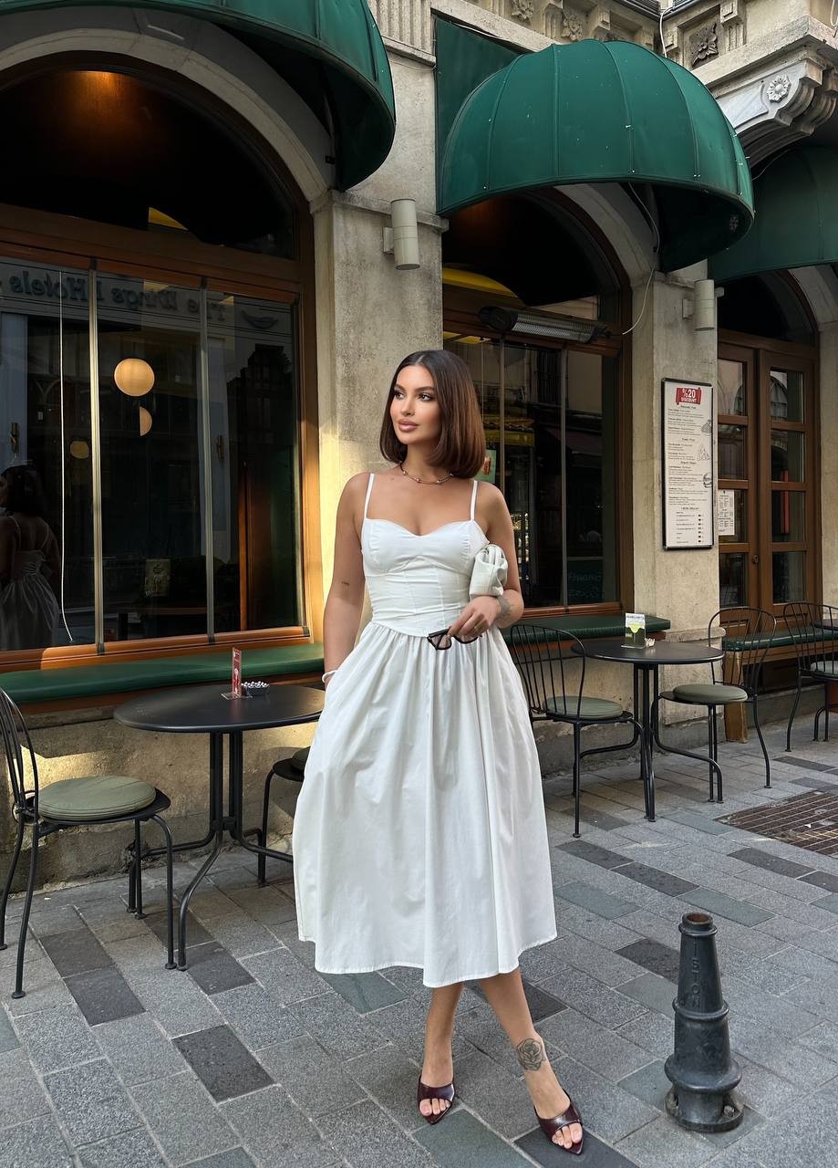 Linor Gipe Detay Midi Boy Elbise - beyaz