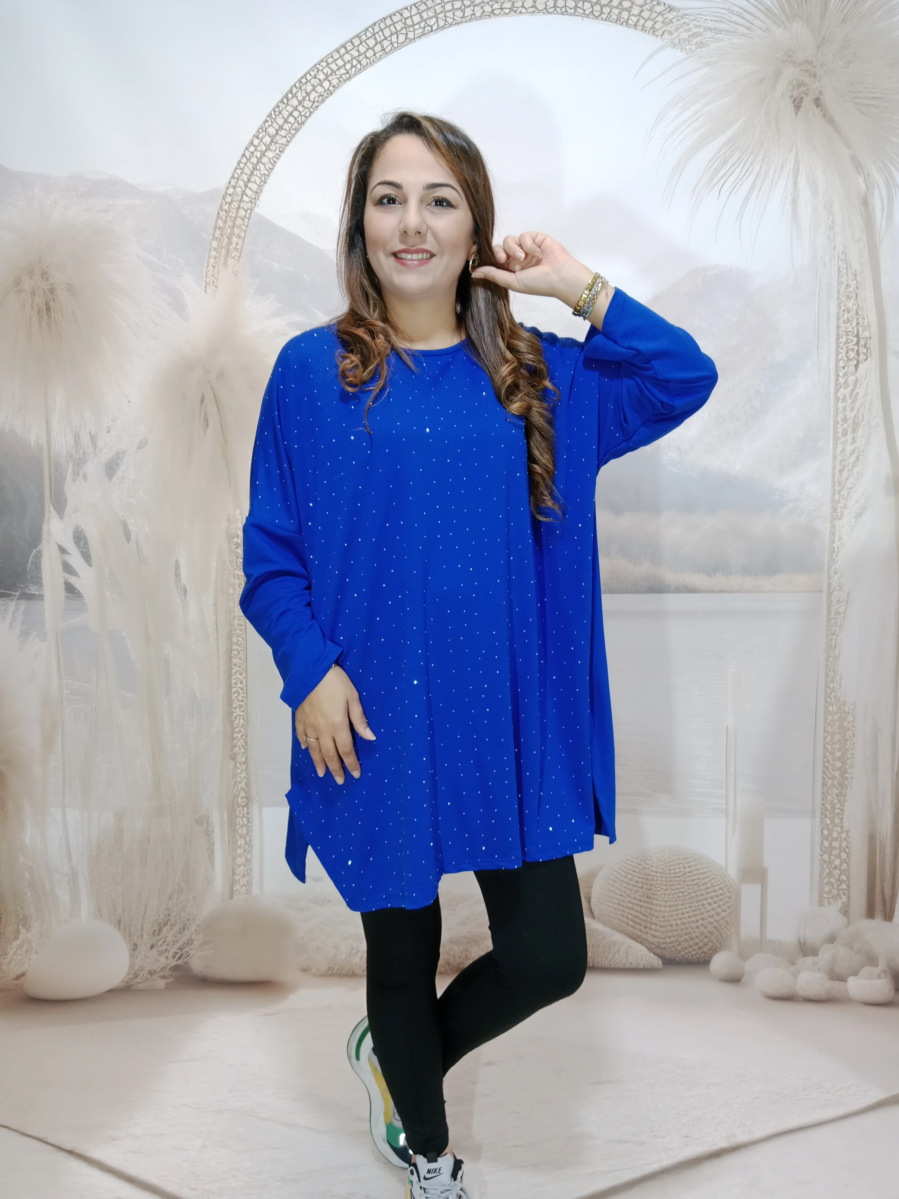 239. Damla taşlı salaş kristal penye viskon bluzlar - MAVİ