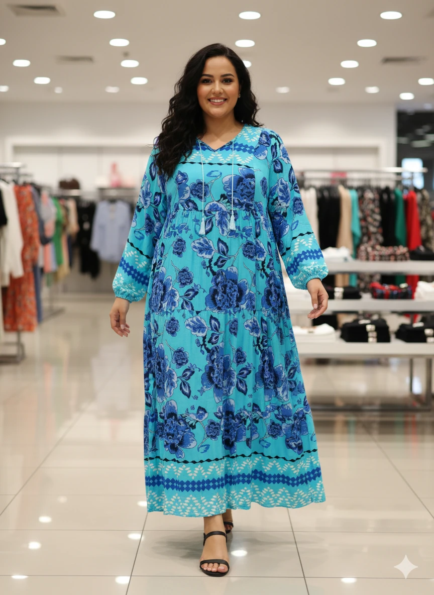 BÜYÜK BEDEN UZUNKOL VİSKON ELBİSE - MAVİ