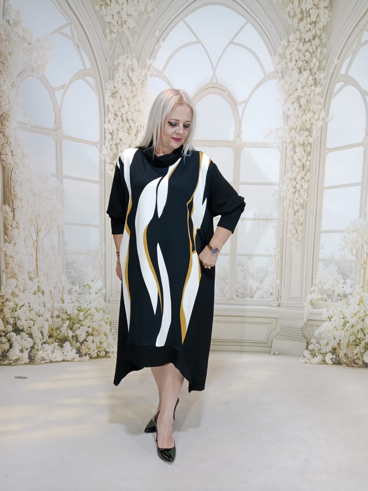 ALYA ELBİSE  - SİYAH SU YOLU DESEN