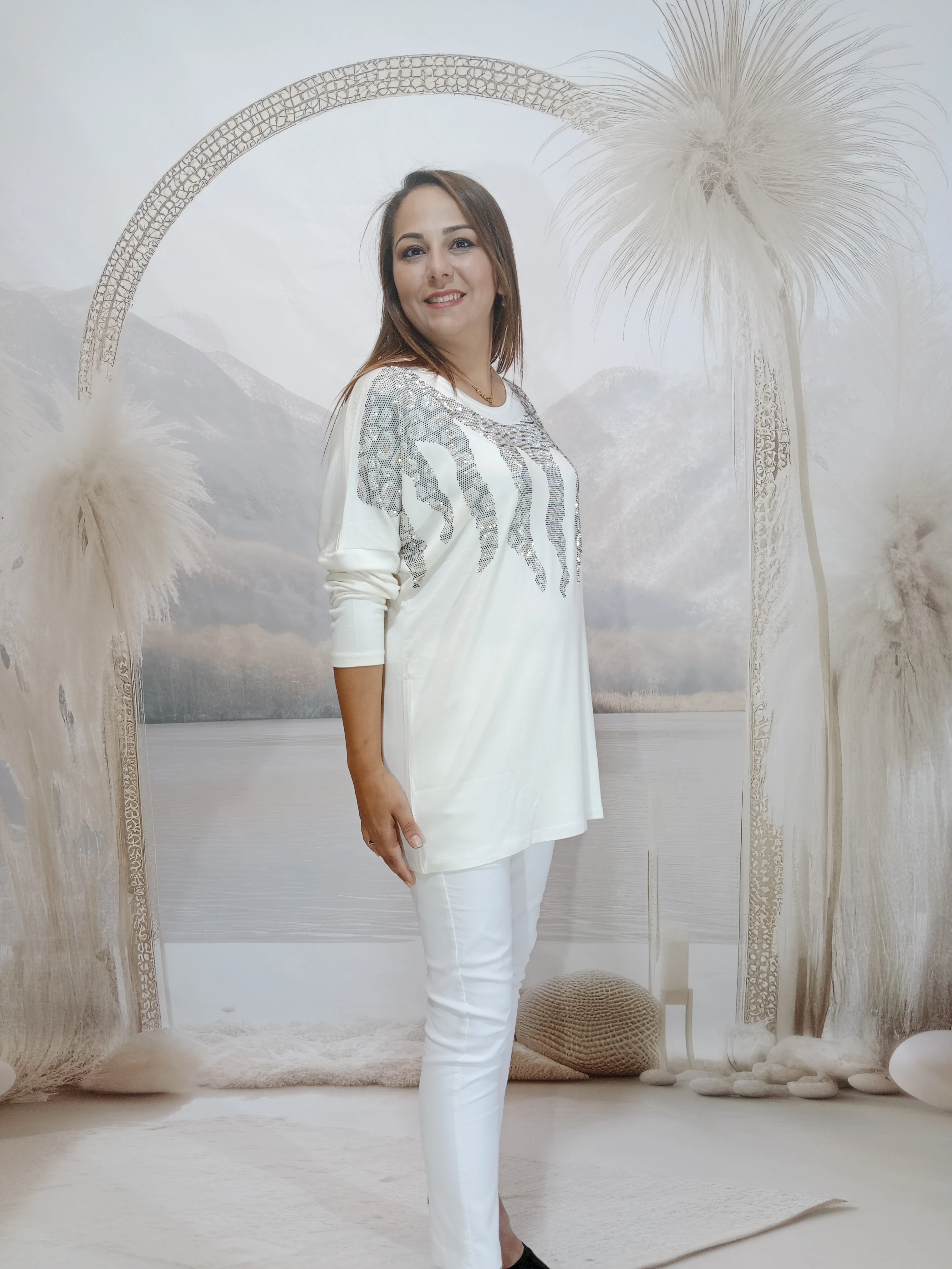 BÜYÜK BEDEN MERSERİZE TAŞLI TRİKOLAR - EKRU