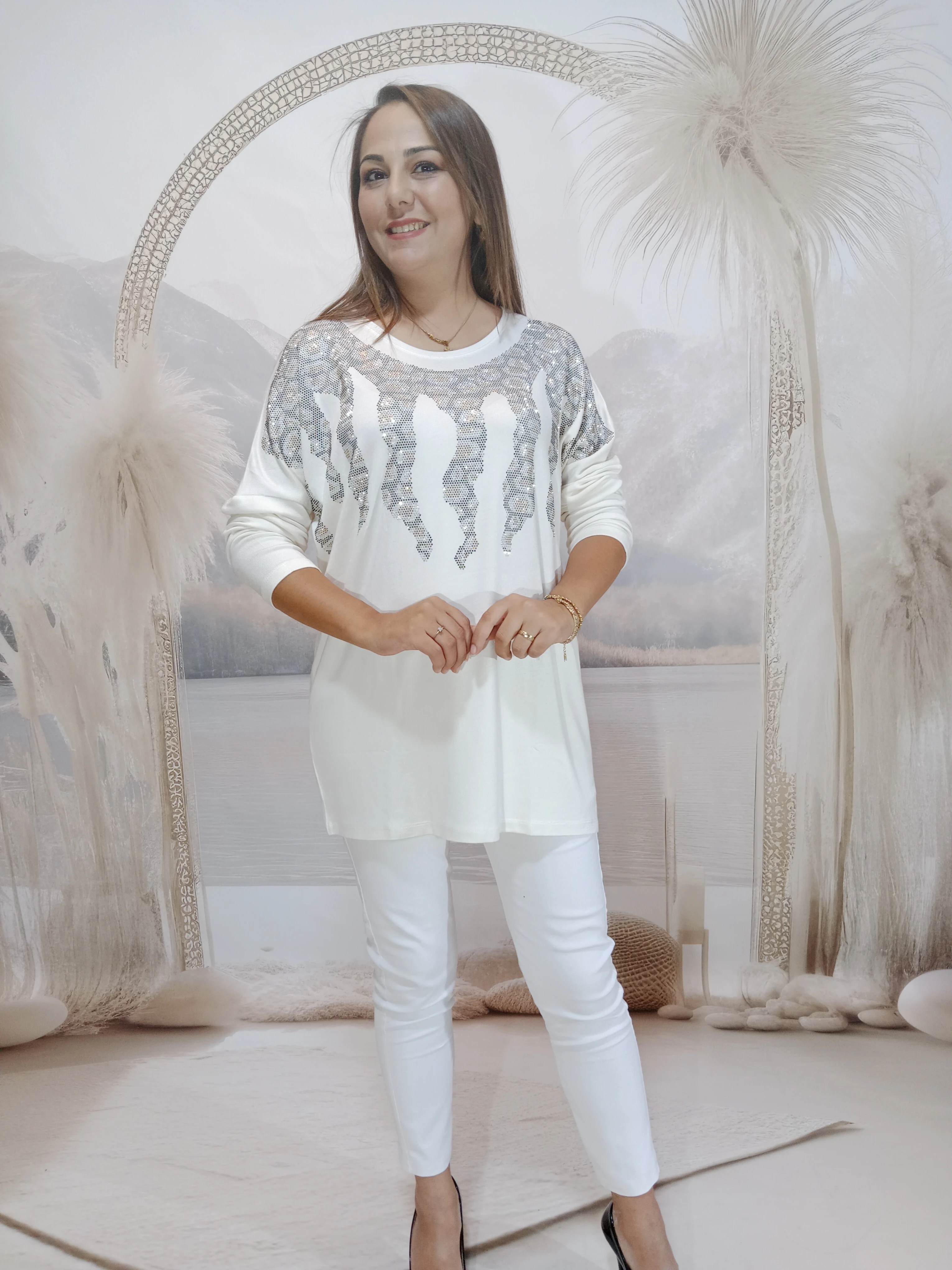 BÜYÜK BEDEN MERSERİZE TAŞLI TRİKOLAR - EKRU