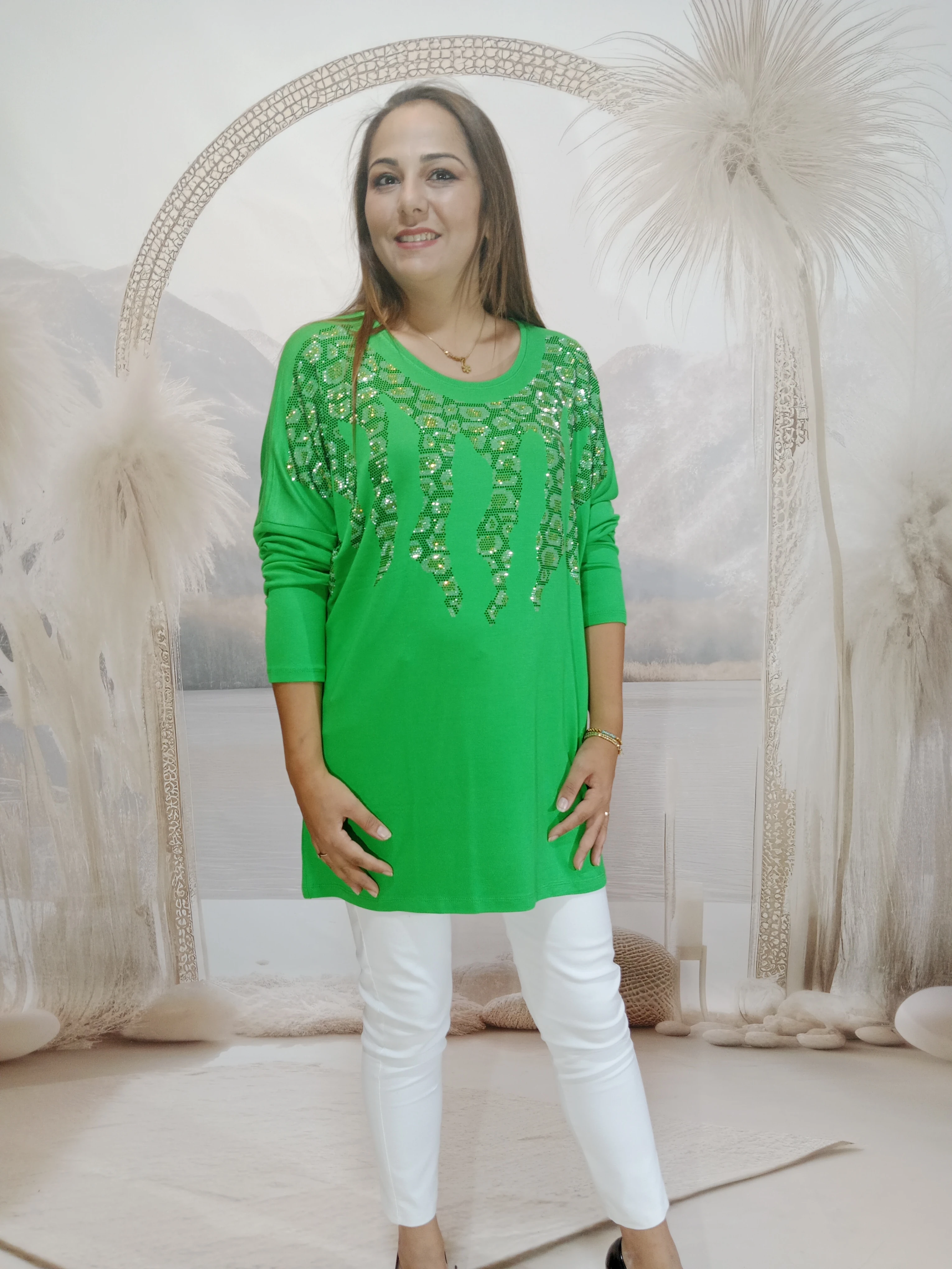 BÜYÜK BEDEN MERSERİZE TAŞLI TRİKOLAR - YEŞİL