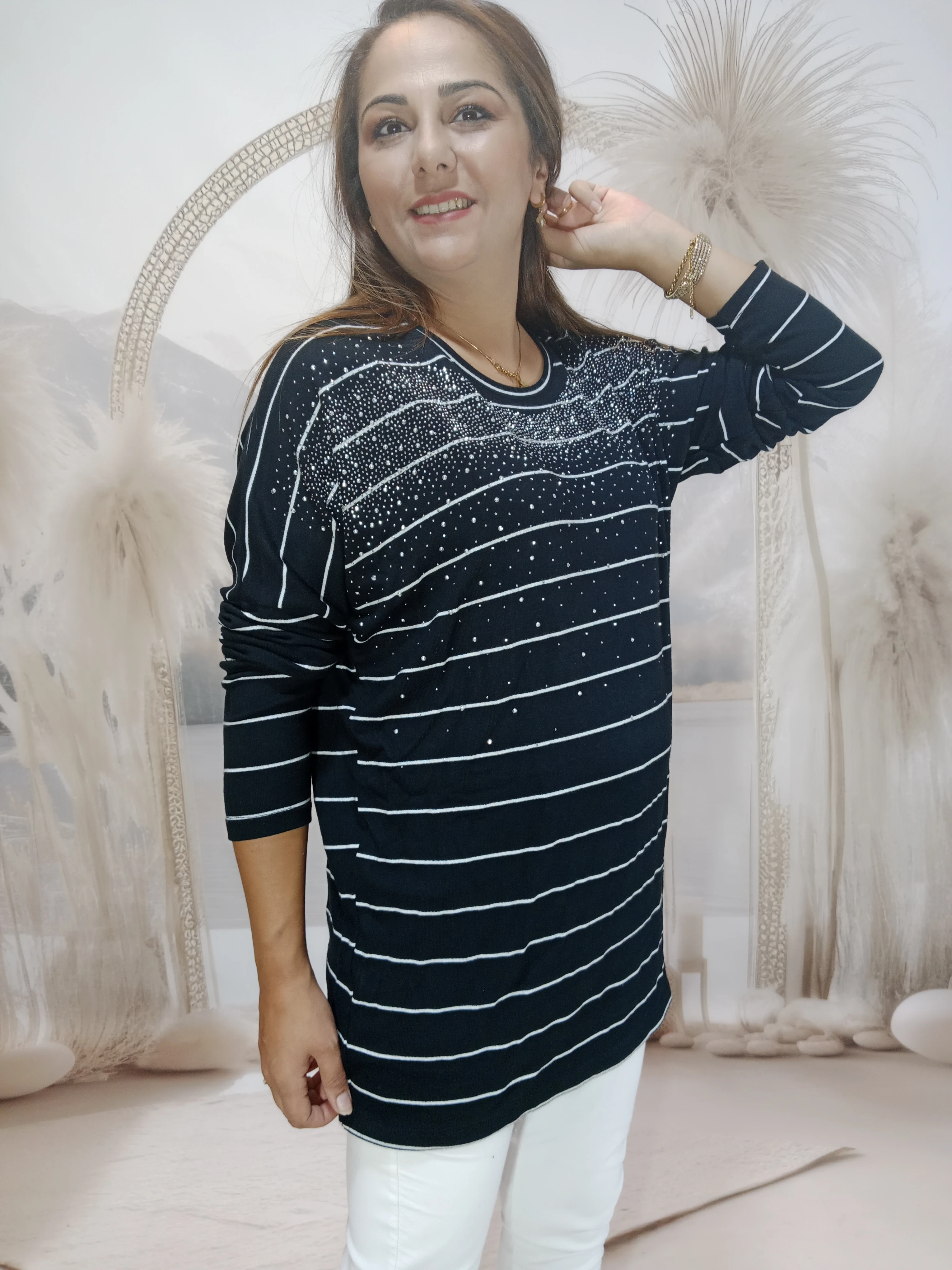 BÜYÜK BEDEN MERSERİZE TAŞLI TRİKOLAR - SİYAH DAMLA TAŞLI