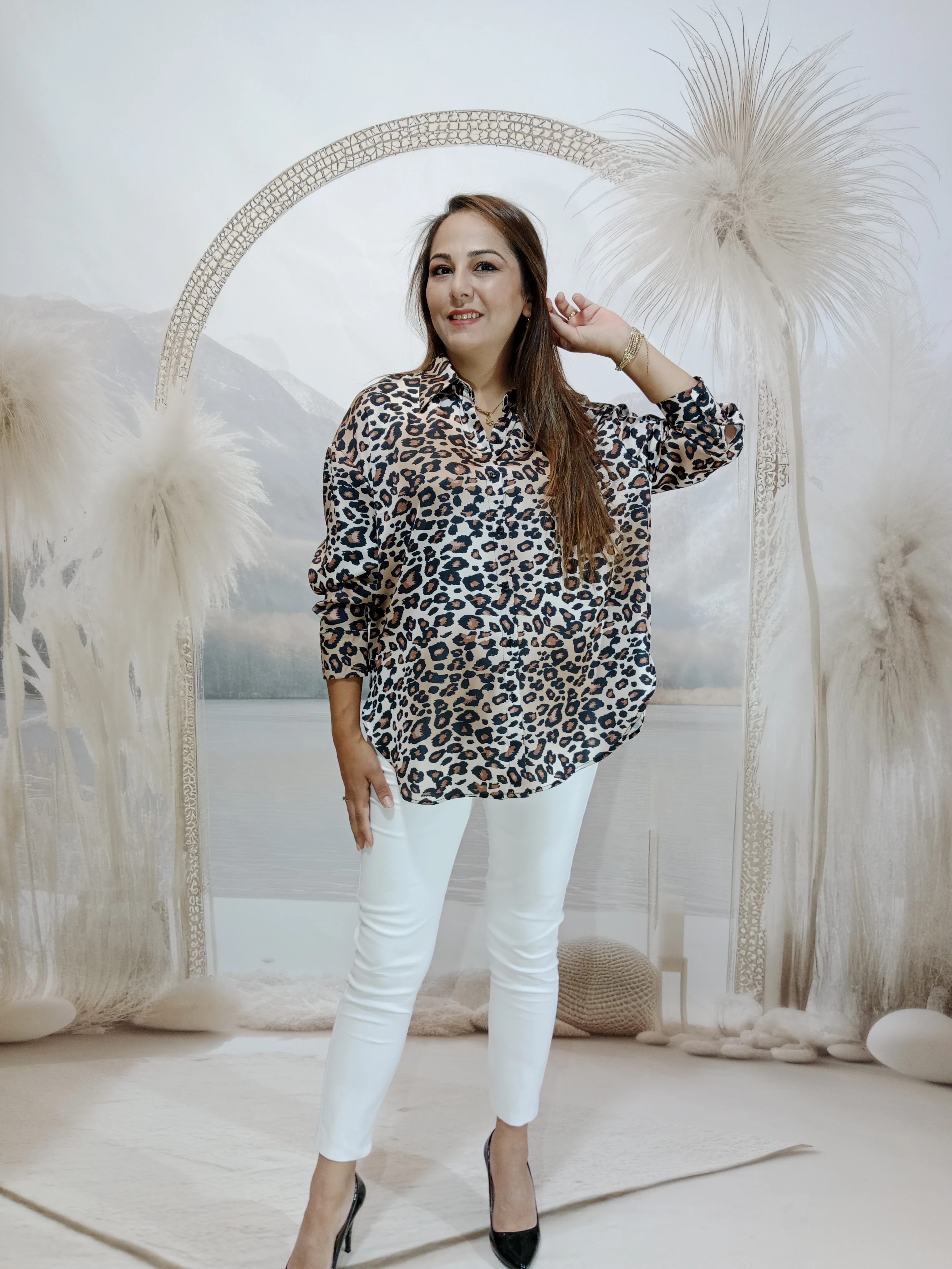 BÜYÜK BEDEN İPEK SATEN GÖMLEK - kahve leopar