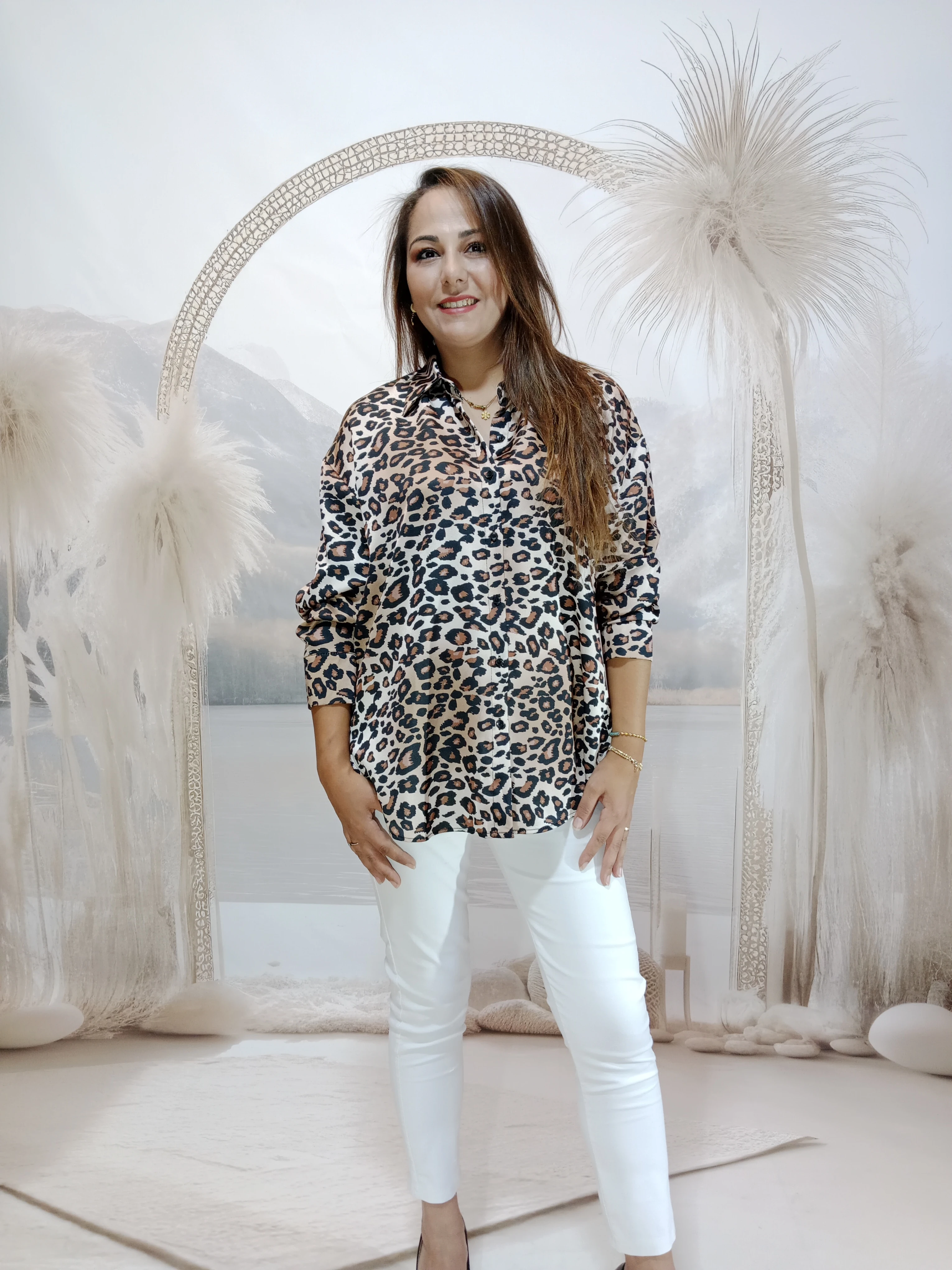 BÜYÜK BEDEN İPEK SATEN GÖMLEK - kahve leopar