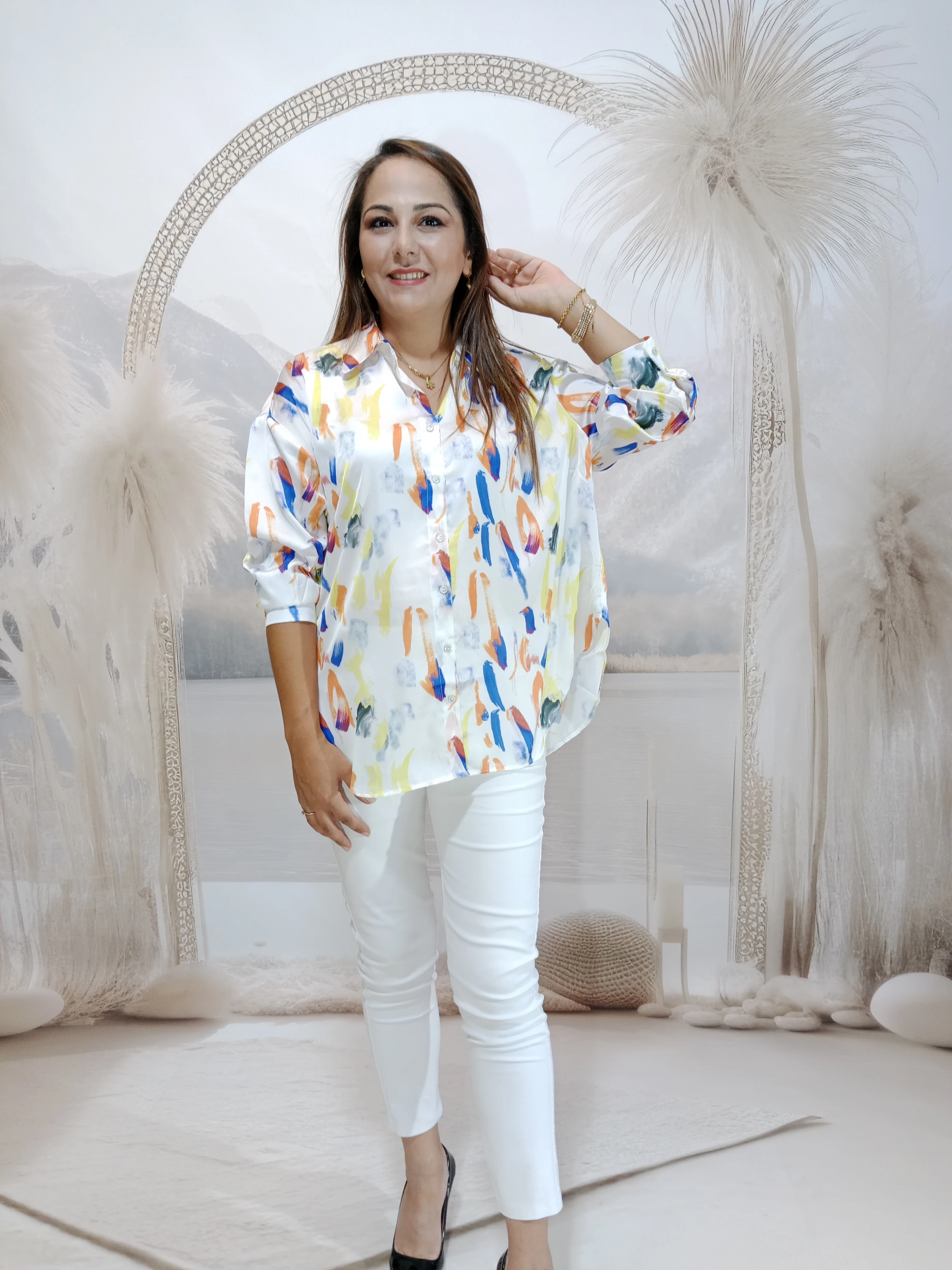 BÜYÜK BEDEN İPEK SATEN GÖMLEK - BEYAZ RENKLİ