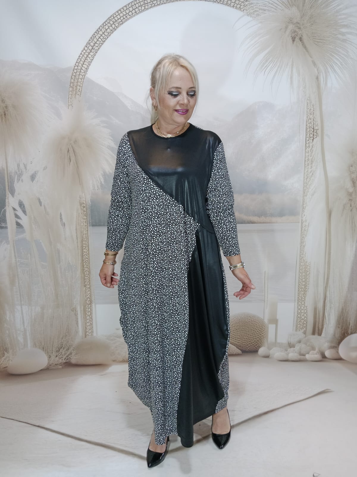 DERİLİ ELBİSE - SİYAH BEYAZ DESEN