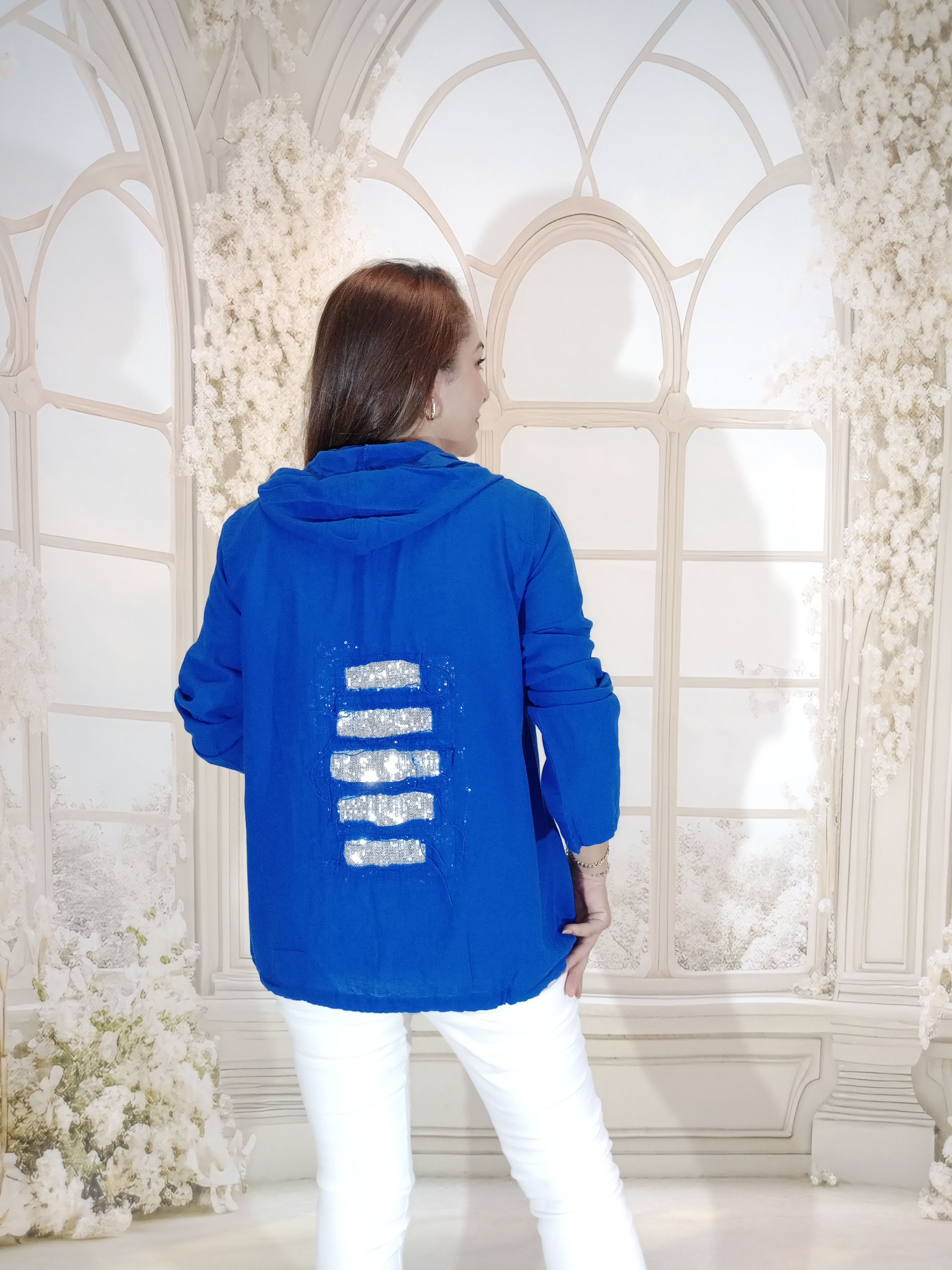 SIRTI PAYETLİ İTALYAN KETEN KAPŞONLU - SAKS MAVİ